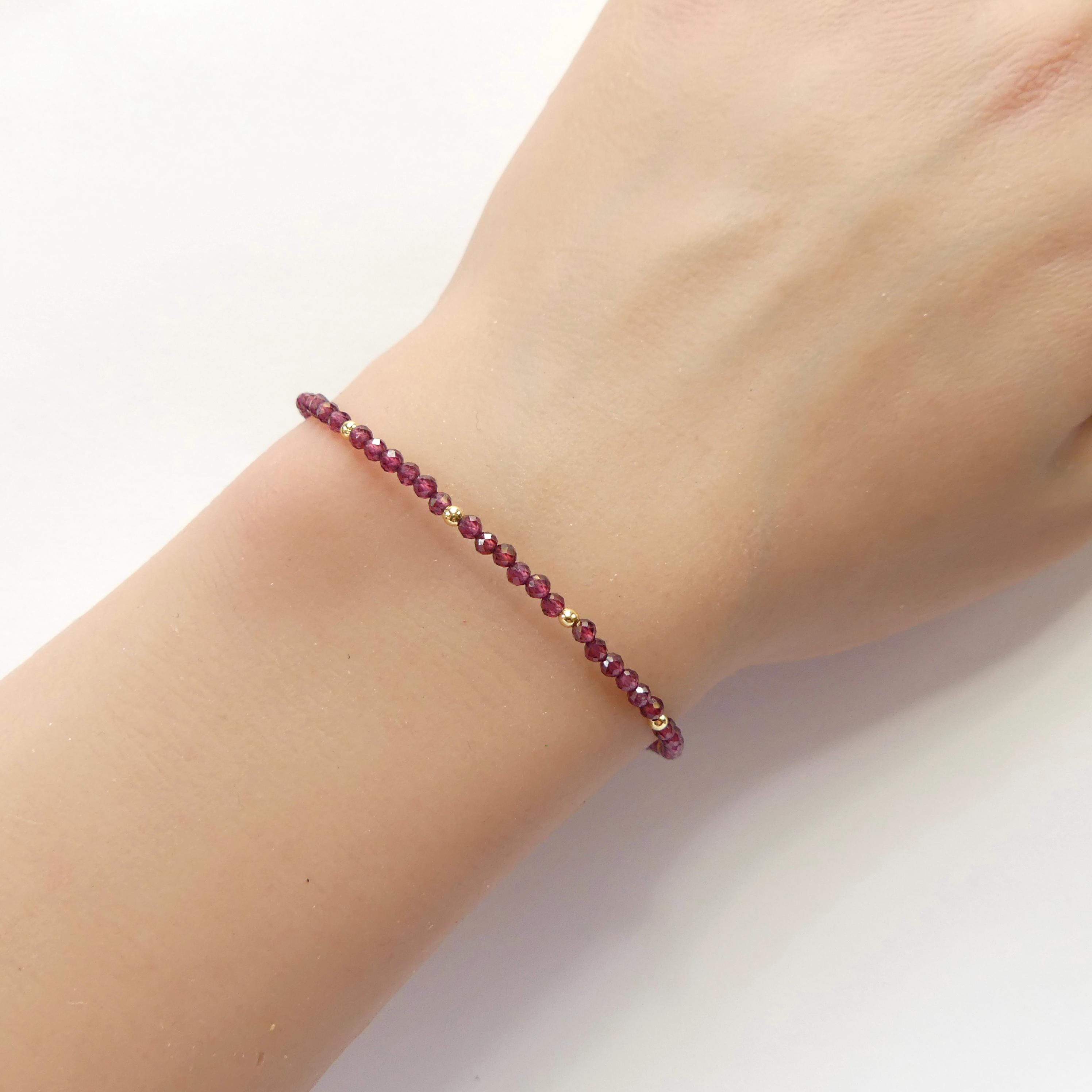 Tiny Garnet Bracelet Dainty Gemstone Beaded Bracelet Red Crystal Boho Chic Minimalist Jewelry January Birthstone Gift Birthday Mom Wife