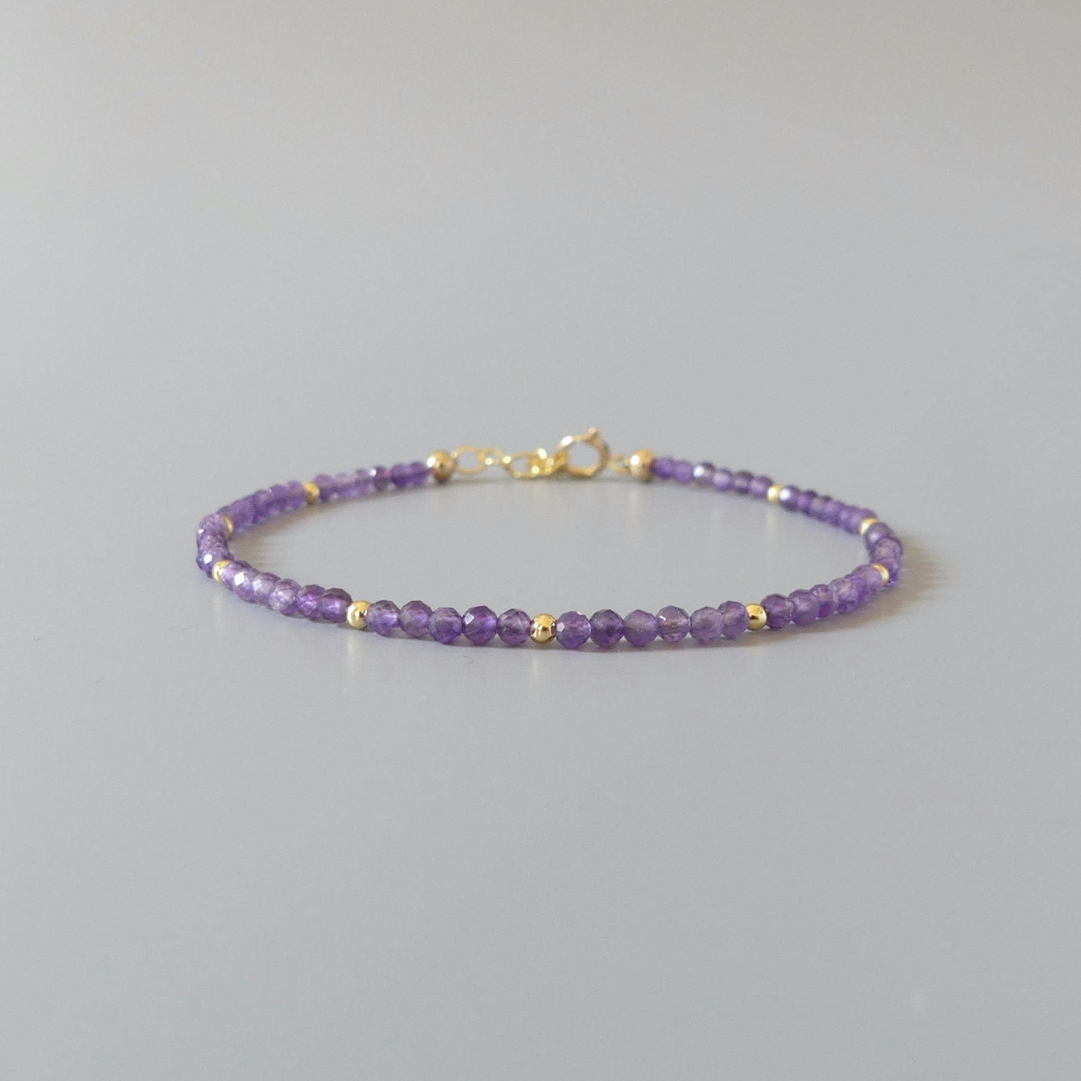 Tiny Amethyst Bracelet Dainty Gold Filled Gemstone Beaded Bracelet Purple Crystal Jewelry Boho February Birthstone Birthday Gift Mom Wife