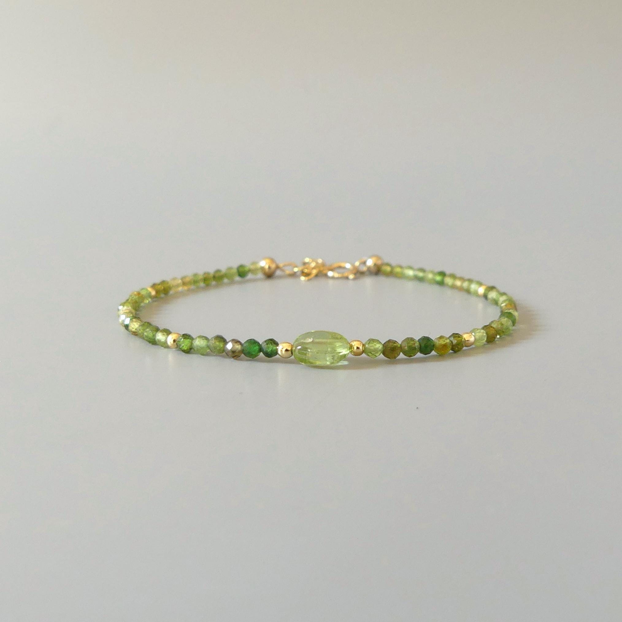 Tiny Green Tourmaline Bracelet Dainty Gemstone Beaded Bracelet Green Crystal Jewelry Minimalist Stacking October Birthstone Gift for Women