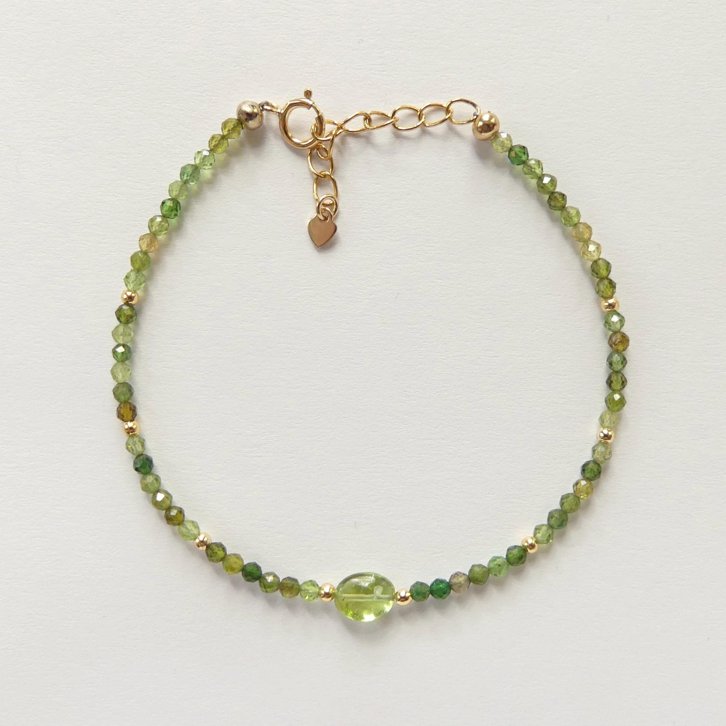Tiny Green Tourmaline Bracelet Dainty Gemstone Beaded Bracelet Green Crystal Jewelry Minimalist Stacking October Birthstone Gift for Women