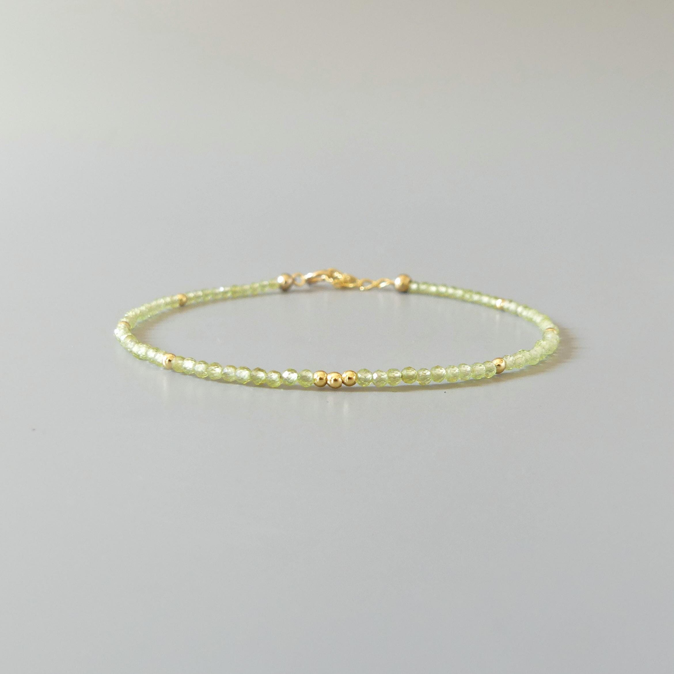 Tiny Peridot Bracelet Dainty Gemstone Beaded Bracelet Green Crystal Minimalist Jewelry August Birthstone Birthday Gift for Wife Daughter