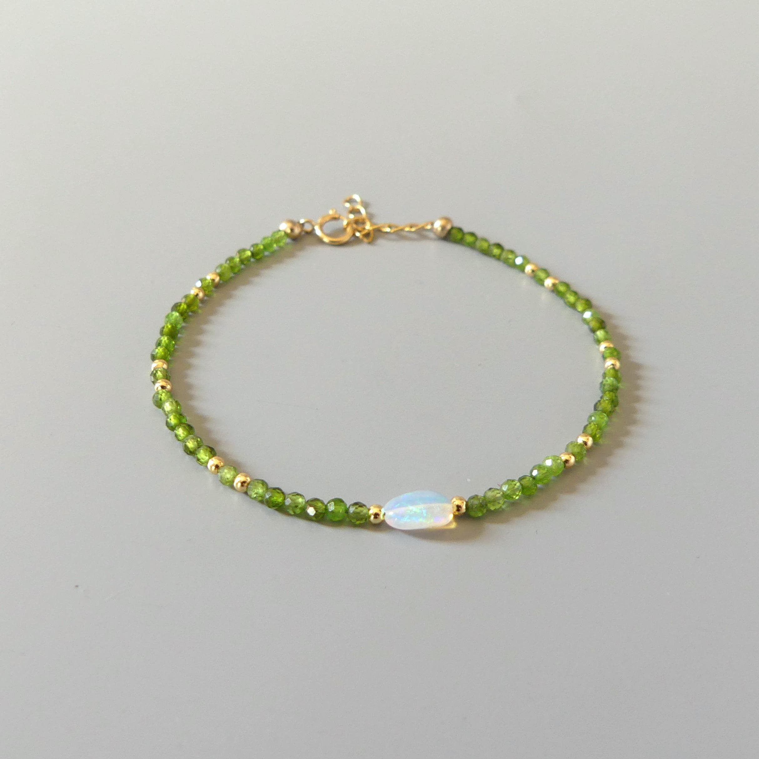 Tiny Opal Bracelet Dainty Diopside Gemstone Beaded Jewelry Green Crystal October Birthstone Minimalist Jewelry Birthday Gift for Wife Mom