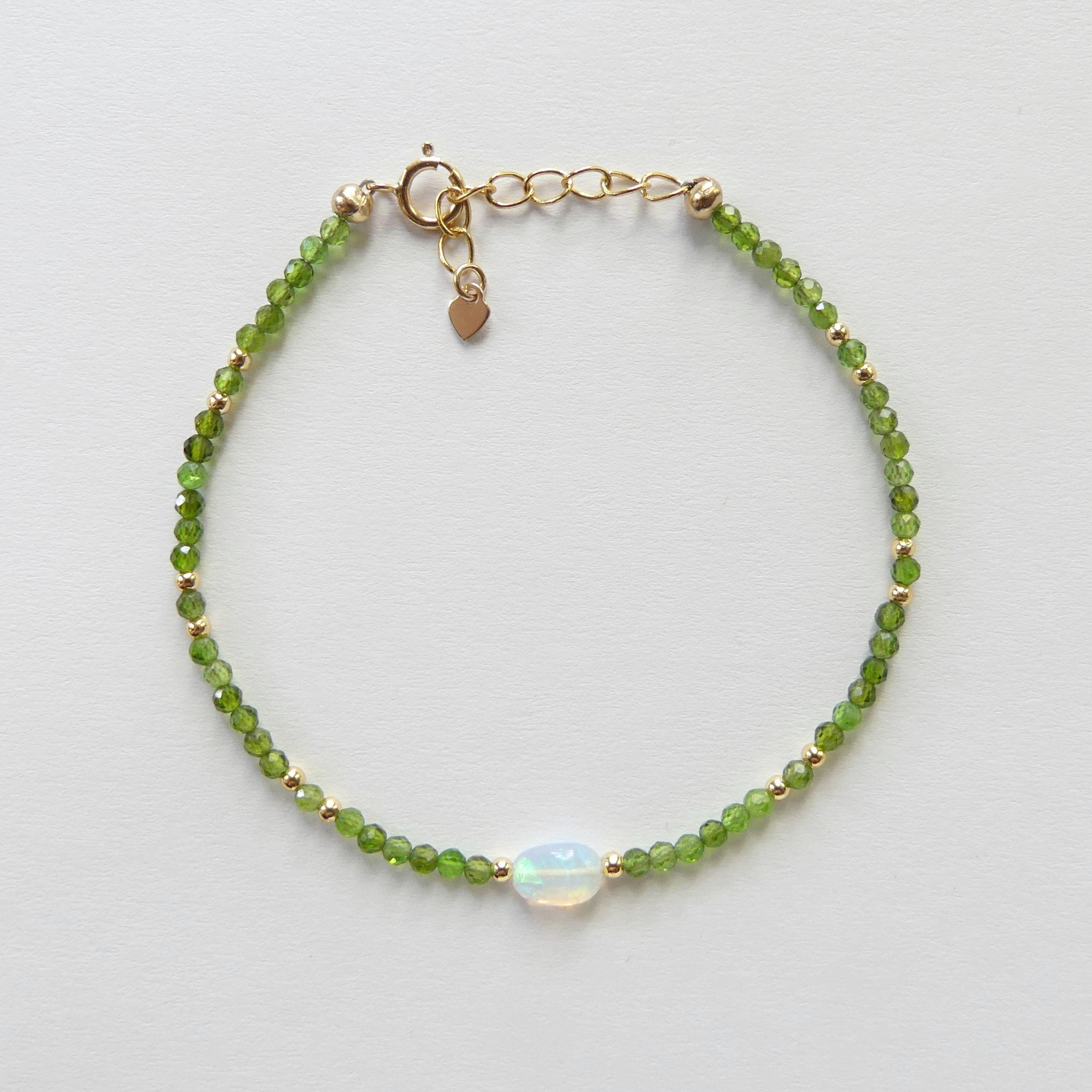 Tiny Opal Bracelet Dainty Diopside Gemstone Beaded Jewelry Green Crystal October Birthstone Minimalist Jewelry Birthday Gift for Wife Mom