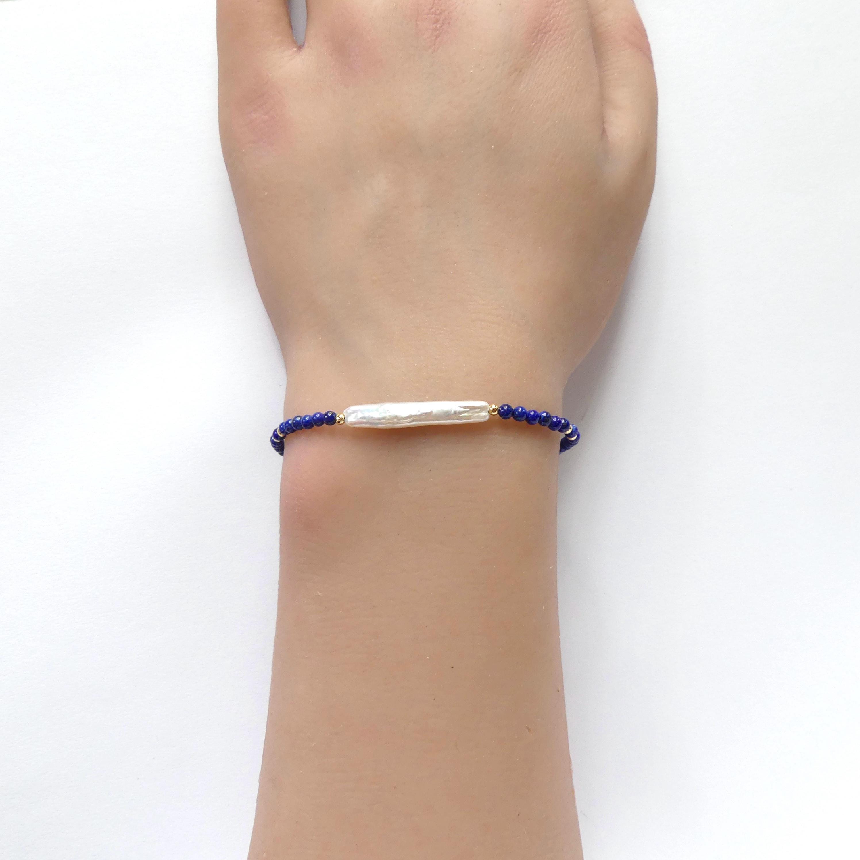 Tiny Lapis Bracelet Dainty Pearl Gemstone Beaded Bracelet Stacking Minimalist Crystal September Birthstone Jewelry Birthday Gift for Her