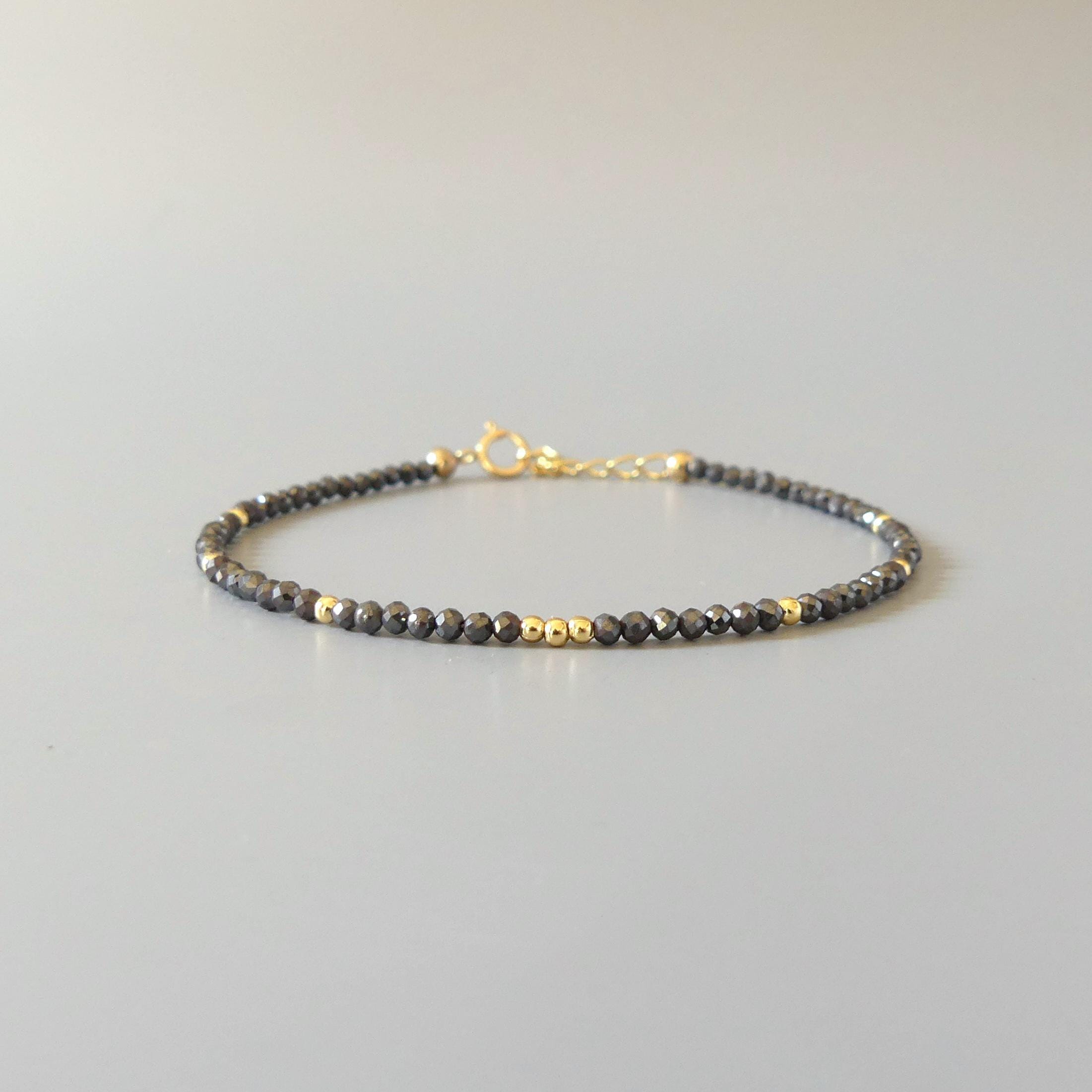 Tiny Hematite Bracelet Dainty Gemstone Beaded Bracelet Sparkly Crystal Jewelry Minimalist Protection Jewelry Stacking Birthday Gift Women