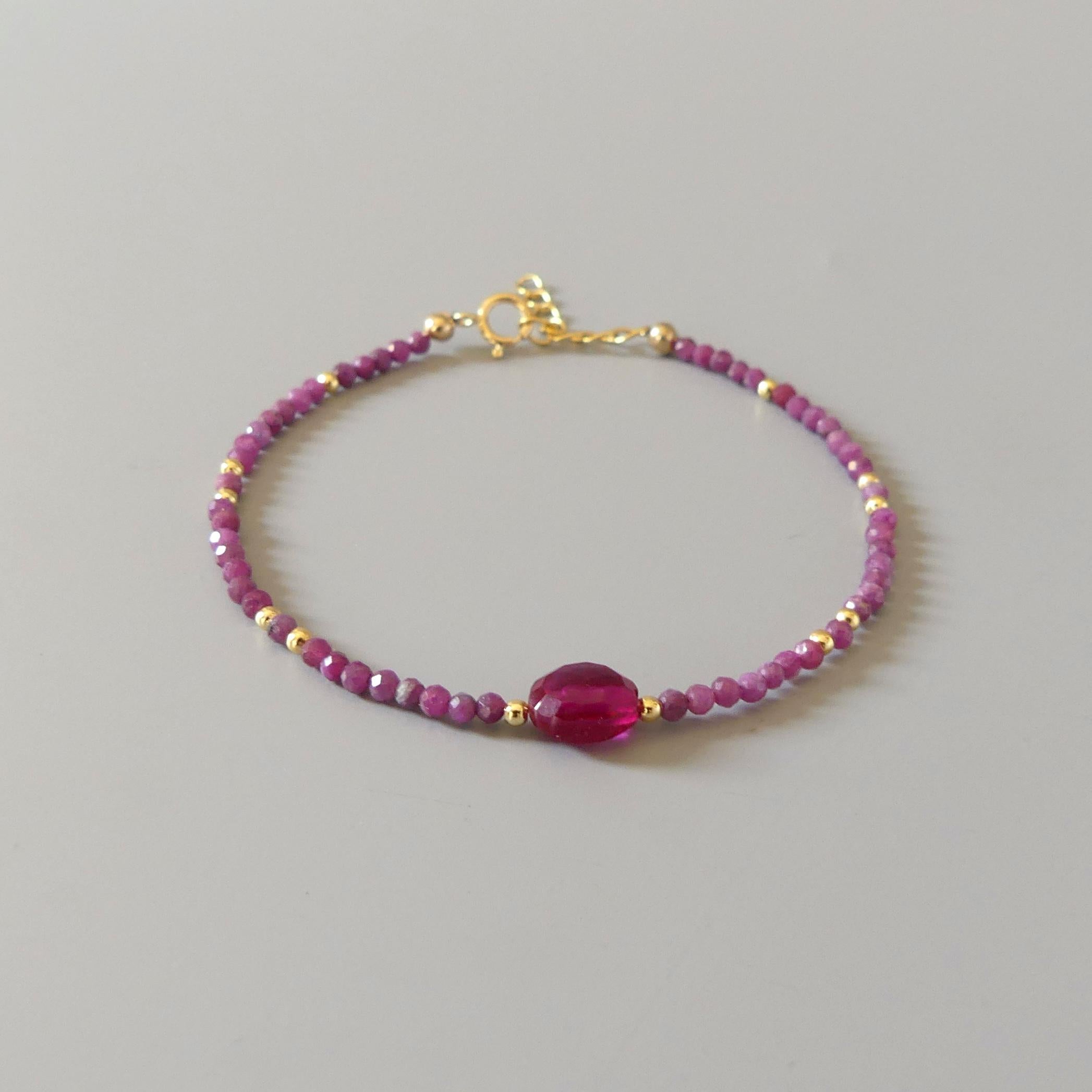 Tiny Ruby Bracelet Dainty Gemstone Beaded Bracelet Pink Crystal Jewelry Minimalist July Birthstone Birthday Gift for Women Mom Wife Daughter