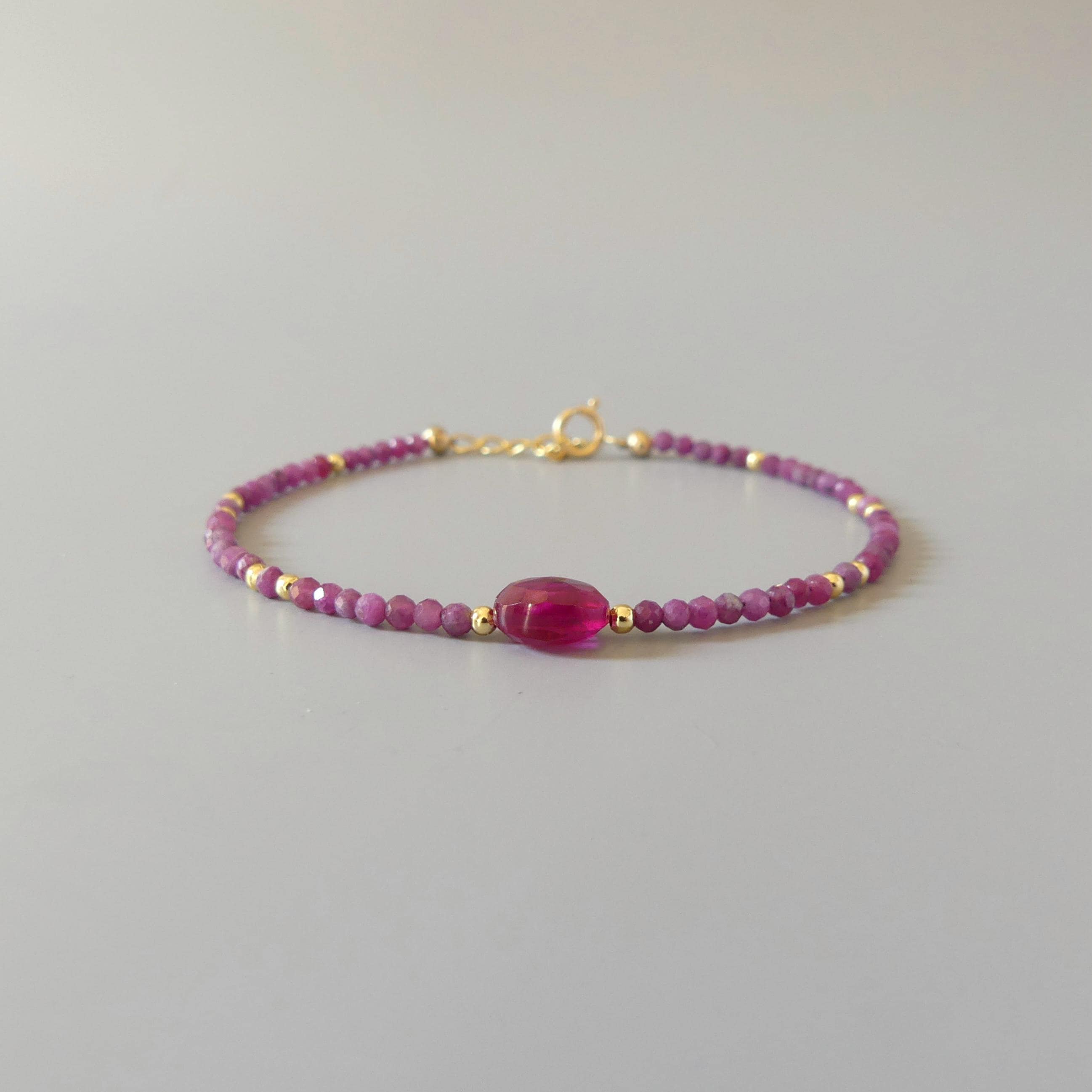 Tiny Ruby Bracelet Dainty Gemstone Beaded Bracelet Pink Crystal Jewelry Minimalist July Birthstone Birthday Gift for Women Mom Wife Daughter