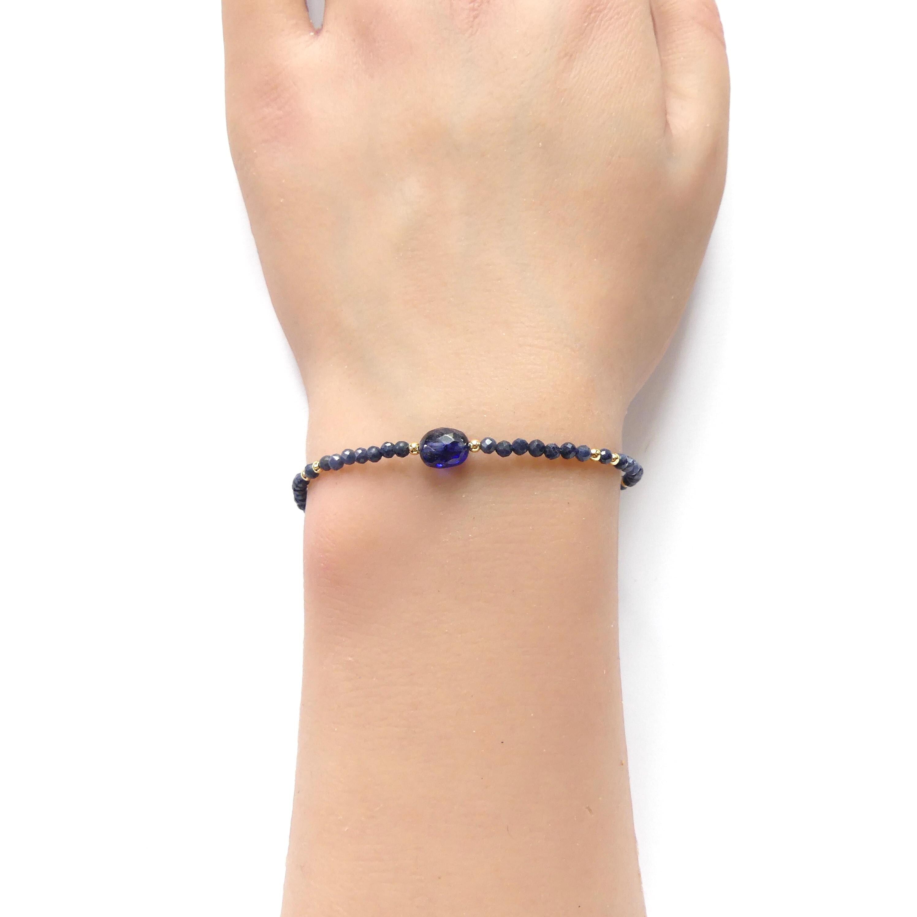 Tiny Blue Sapphire Bracelet Dainty Gemstone Beaded Bracelet Crystal Minimalist Jewelry September Birthstone Gift for Women Wife Daughter