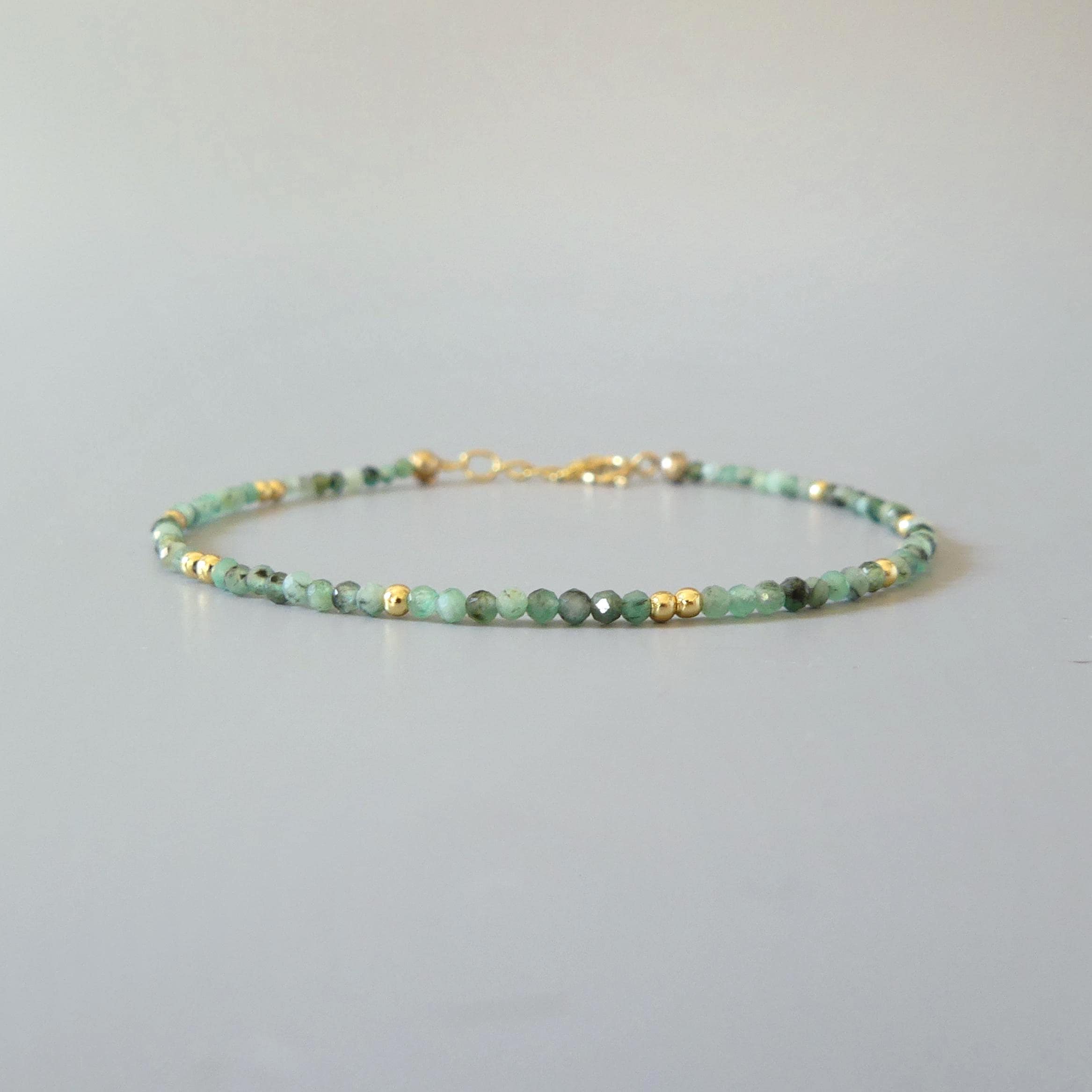 Tiny Emerald Bracelet Dainty Gemstone Beaded Jewelry Green Crystal Bracelet Minimalist May Birthstone Birthday Gift 20th Anniversary Wife