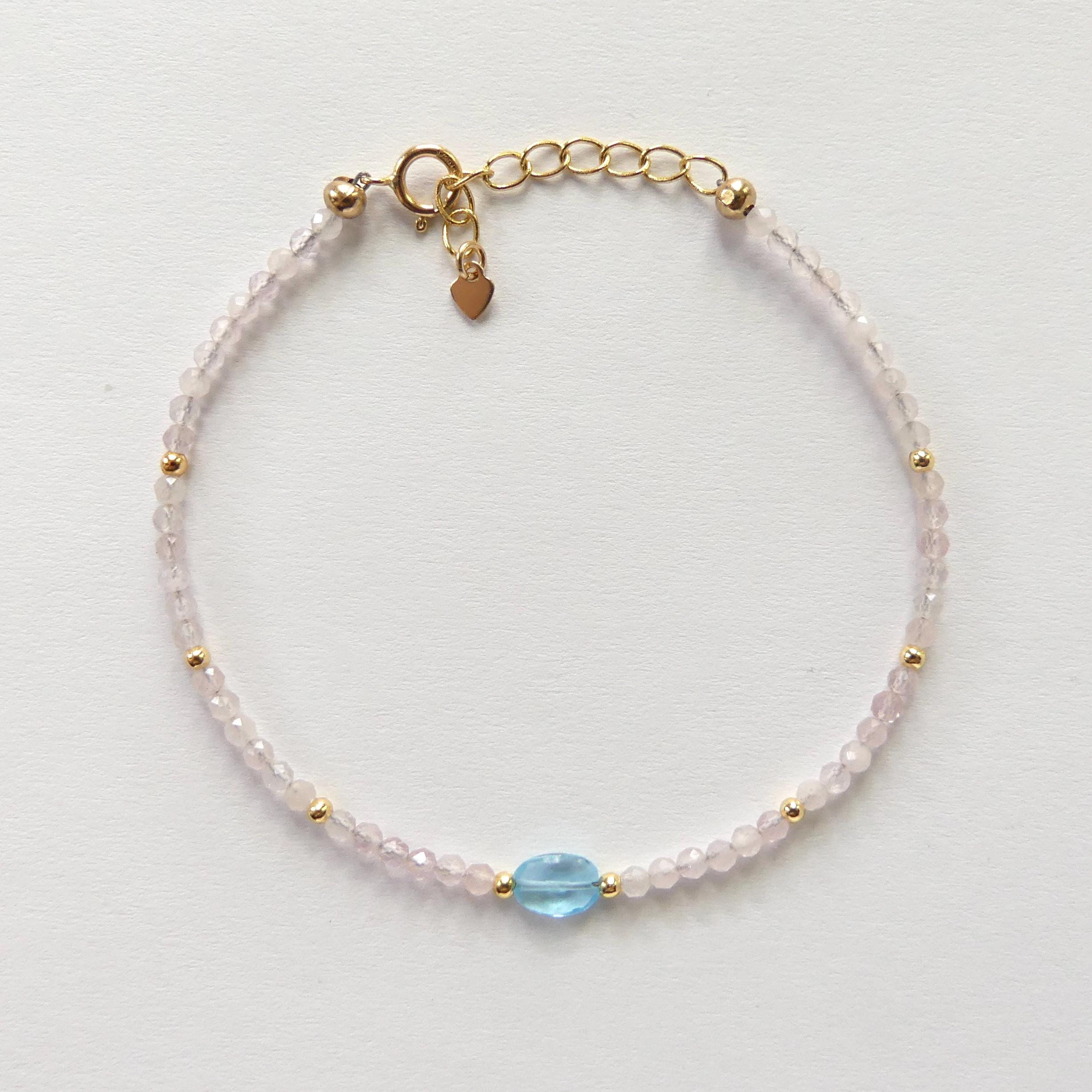 Tiny Pink Morganite Bracelet Dainty Swiss Blue Topaz Gemstone Beaded Jewelry Minimalist Crystal Bracelet Birthday Gift For Women Daughter