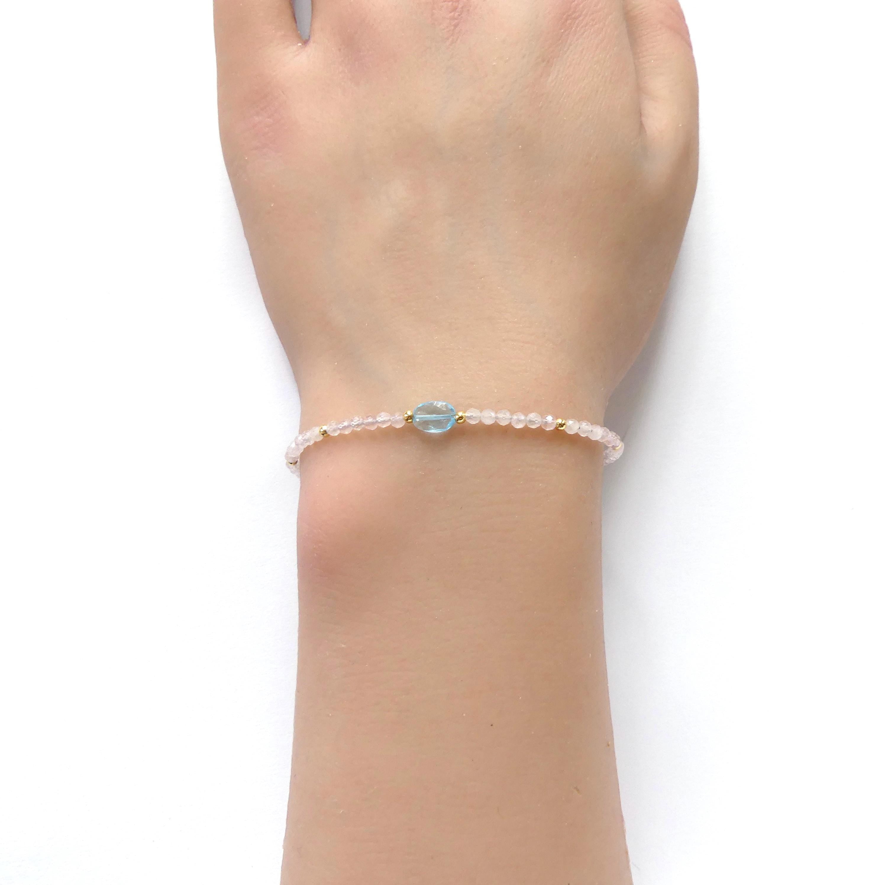 Tiny Pink Morganite Bracelet Dainty Swiss Blue Topaz Gemstone Beaded Jewelry Minimalist Crystal Bracelet Birthday Gift For Women Daughter