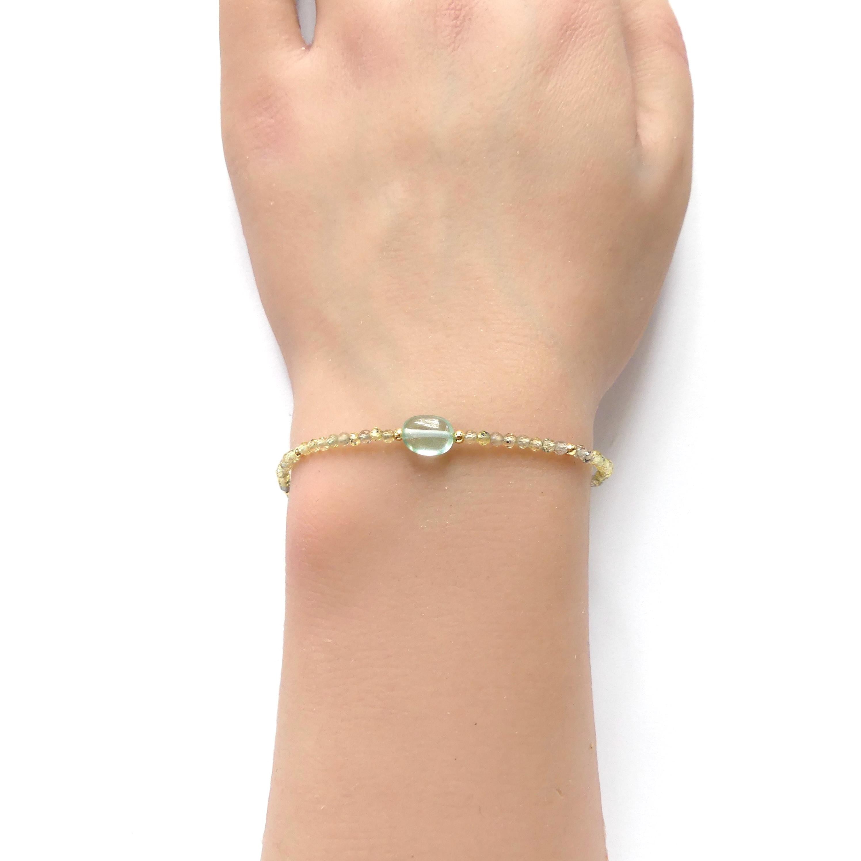 Tiny Sapphire Bracelet Dainty Yellow Green Sapphire Gemstone Beaded Jewelry Minimalist September Birthstone Birthday Gift Wife Daughter