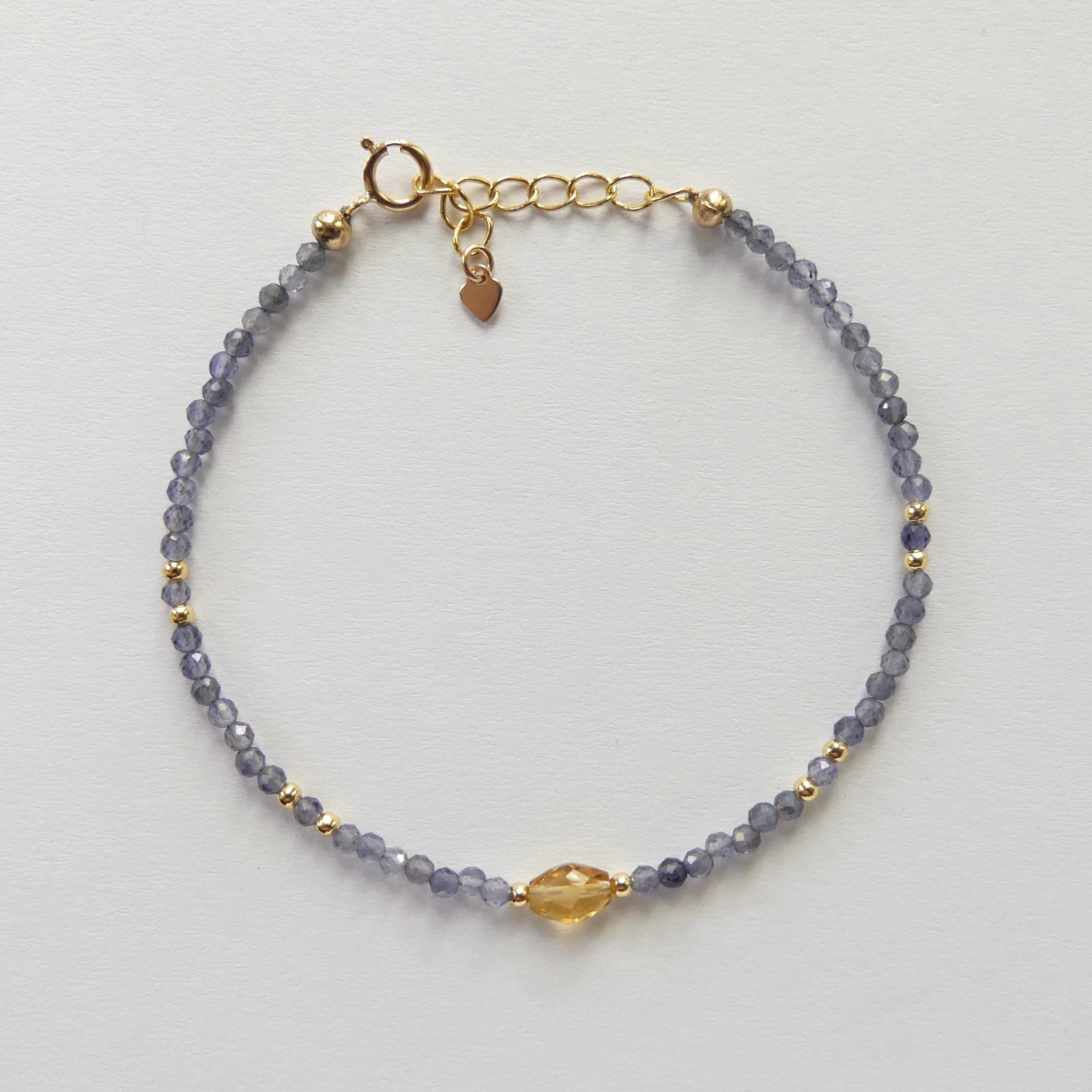 Tiny Iolite Bracelet Dainty Citrine Gemstone Beaded Bracelet Blue Crystal Jewelry Minimalist November Birthstone Birthday Gift for Women