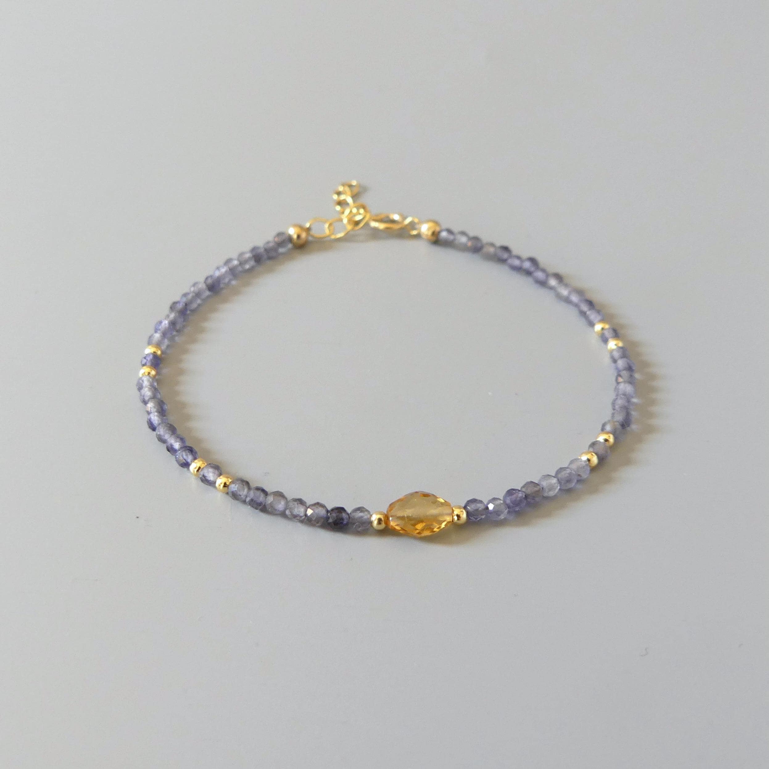 Tiny Iolite Bracelet Dainty Citrine Gemstone Beaded Bracelet Blue Crystal Jewelry Minimalist November Birthstone Birthday Gift for Women