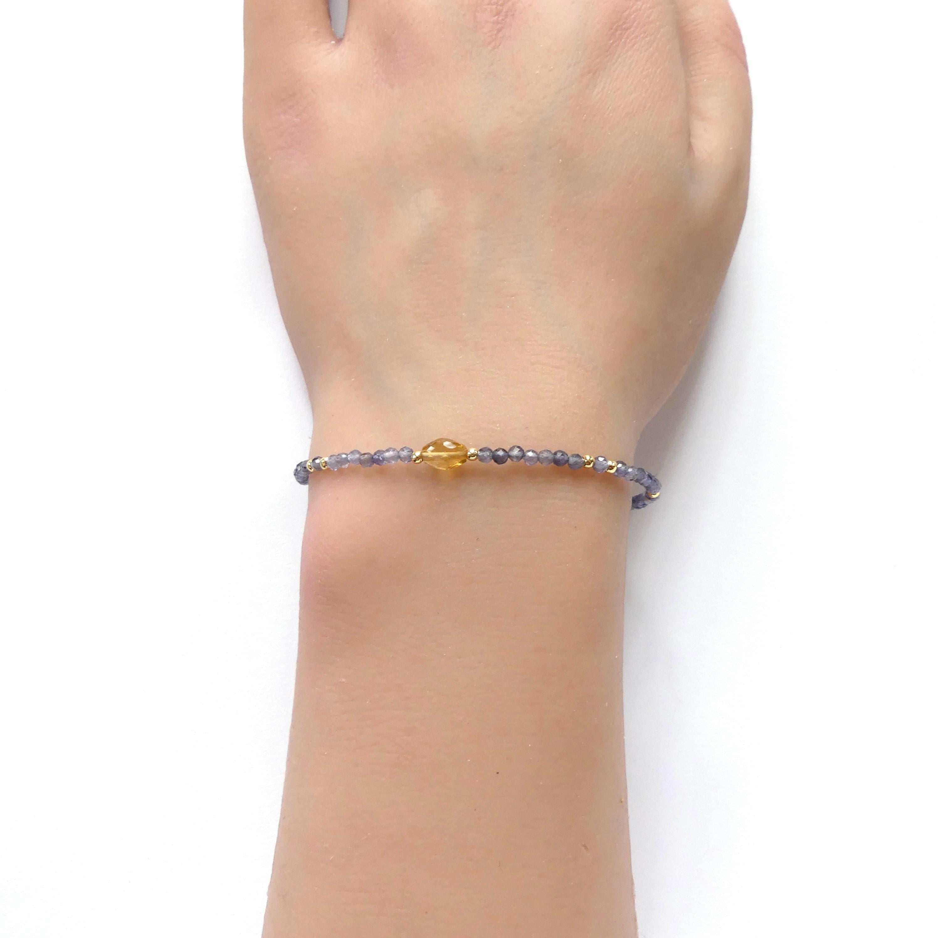 Tiny Iolite Bracelet Dainty Citrine Gemstone Beaded Bracelet Blue Crystal Jewelry Minimalist November Birthstone Birthday Gift for Women