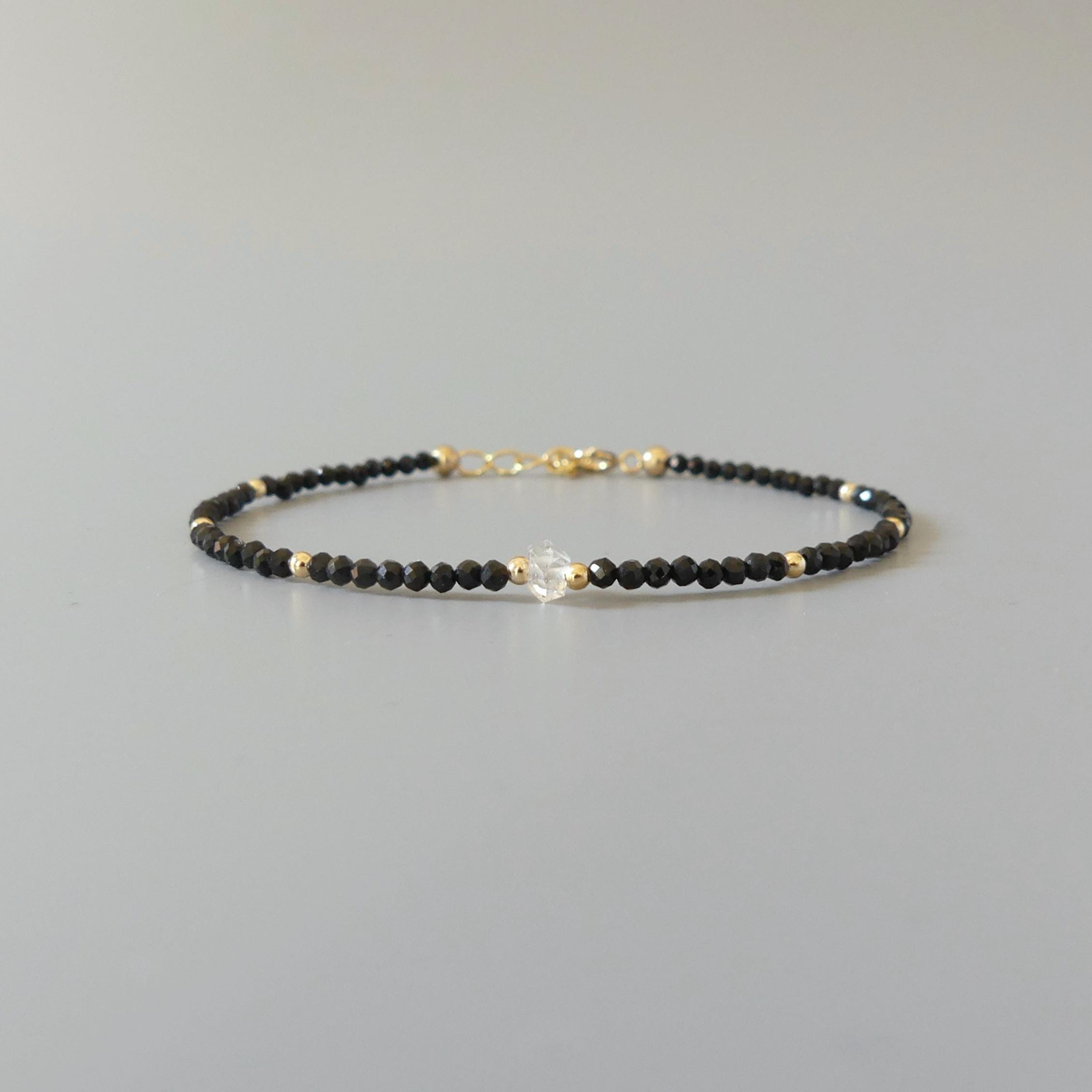 Tiny Black Tourmaline Bracelet Dainty Gemstone Beaded Bracelet Minimalist Black Crystal Jewelry October Birthstone Birthday Gift Mom Wife