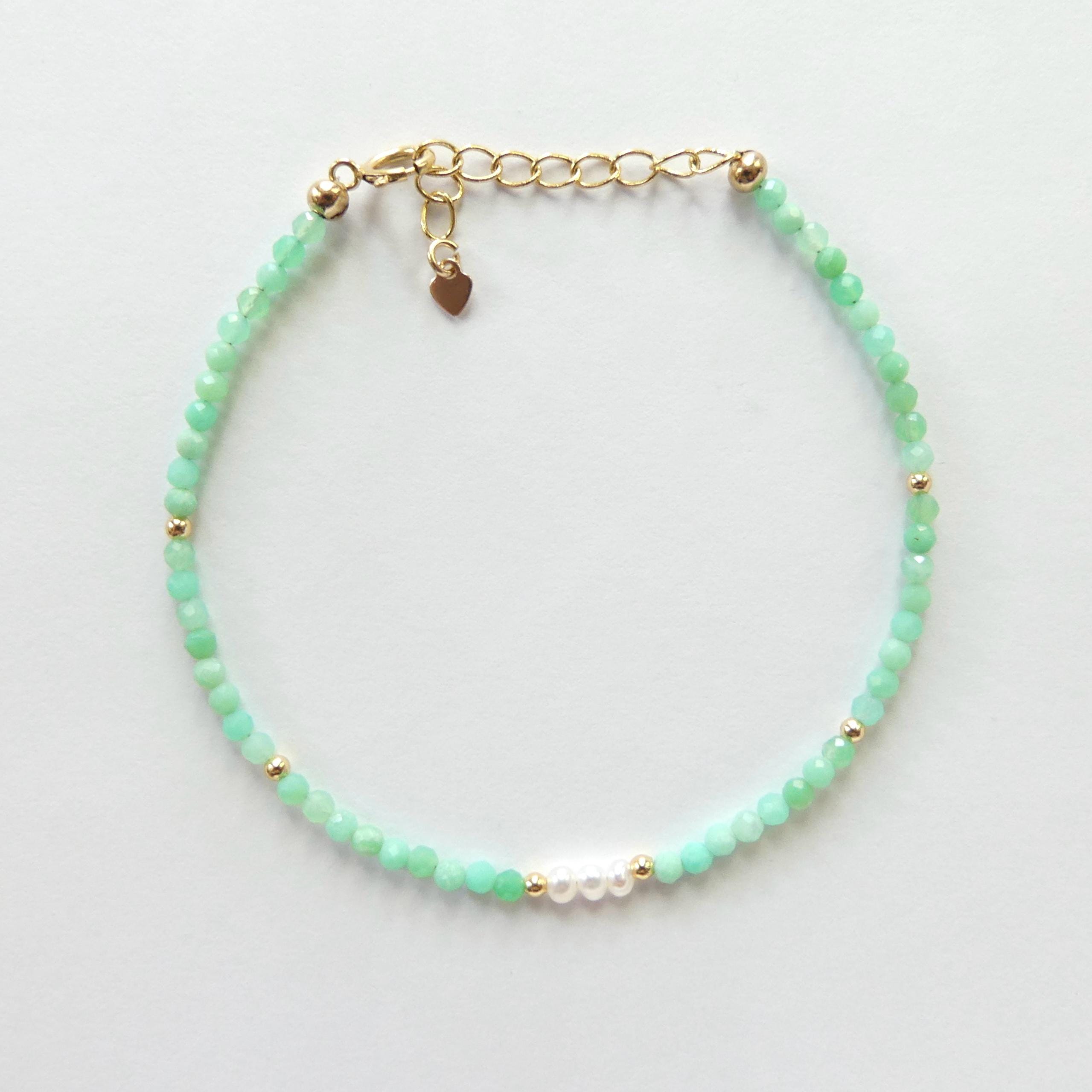 Tiny Chrysoprase Bracelet Dainty Pearl Gemstone Beaded Bracelet Stacking Minimalist Jewelry Crystal Birthday Gift for Women Wife Daughter