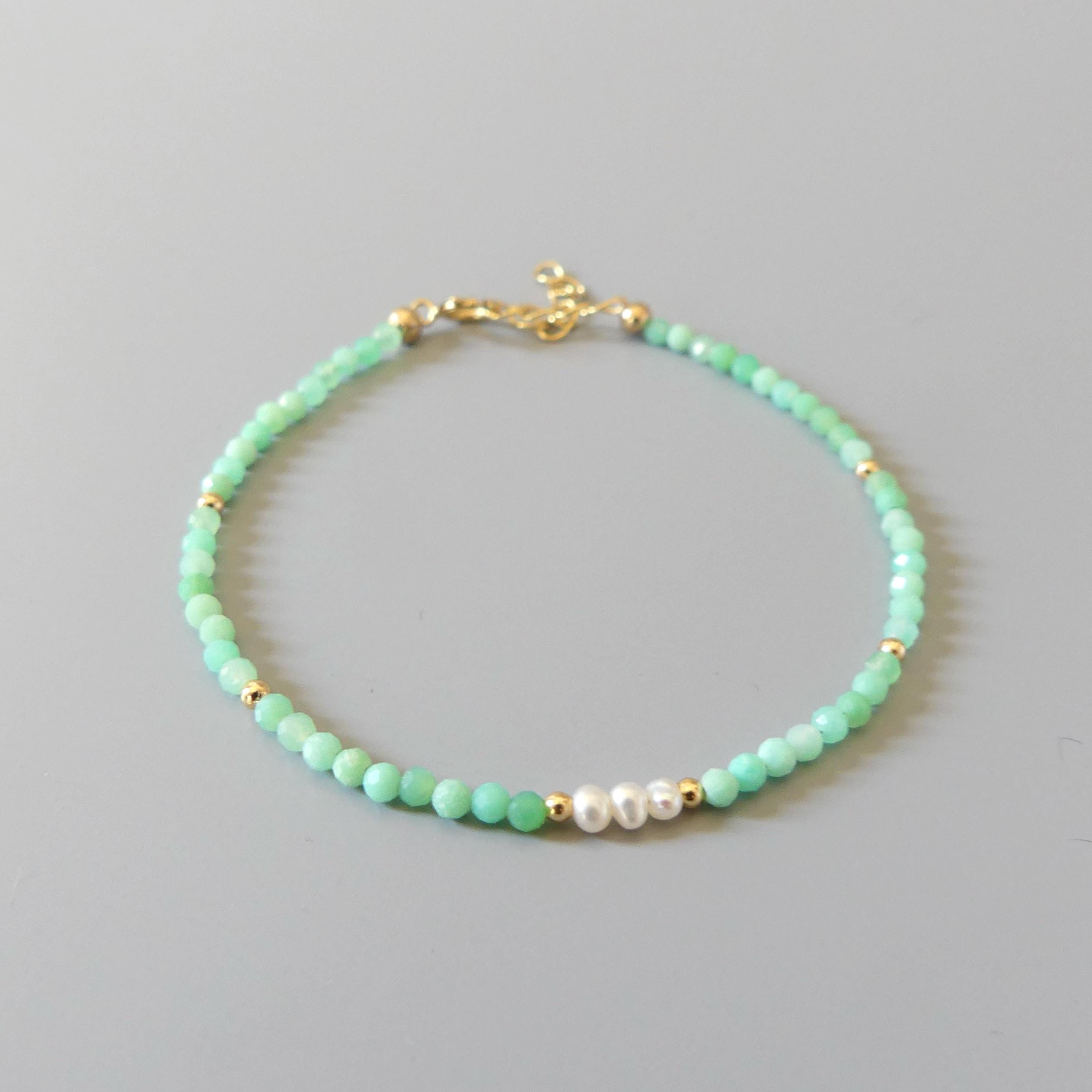 Tiny Chrysoprase Bracelet Dainty Pearl Gemstone Beaded Bracelet Stacking Minimalist Jewelry Crystal Birthday Gift for Women Wife Daughter