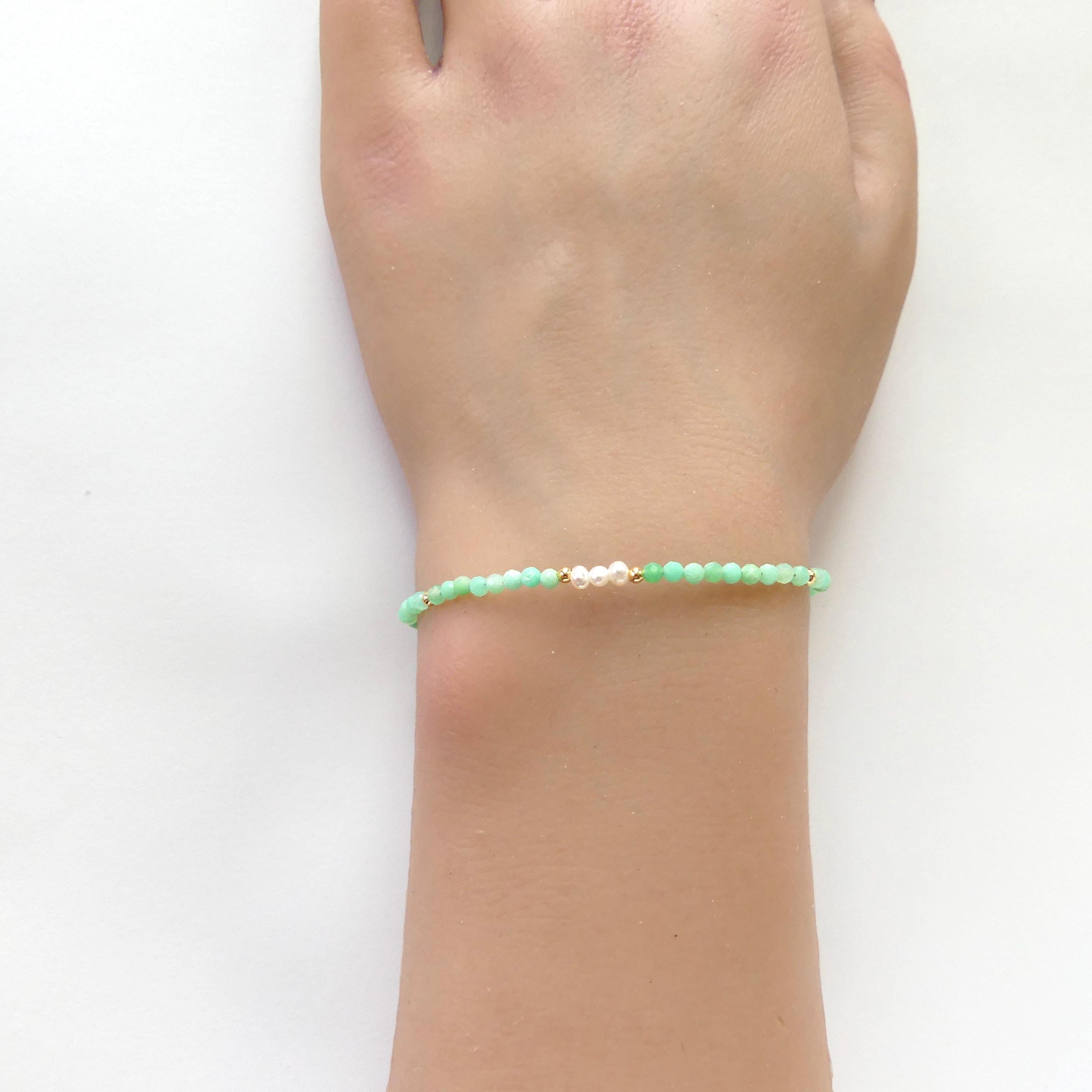 Tiny Chrysoprase Bracelet Dainty Pearl Gemstone Beaded Bracelet Stacking Minimalist Jewelry Crystal Birthday Gift for Women Wife Daughter