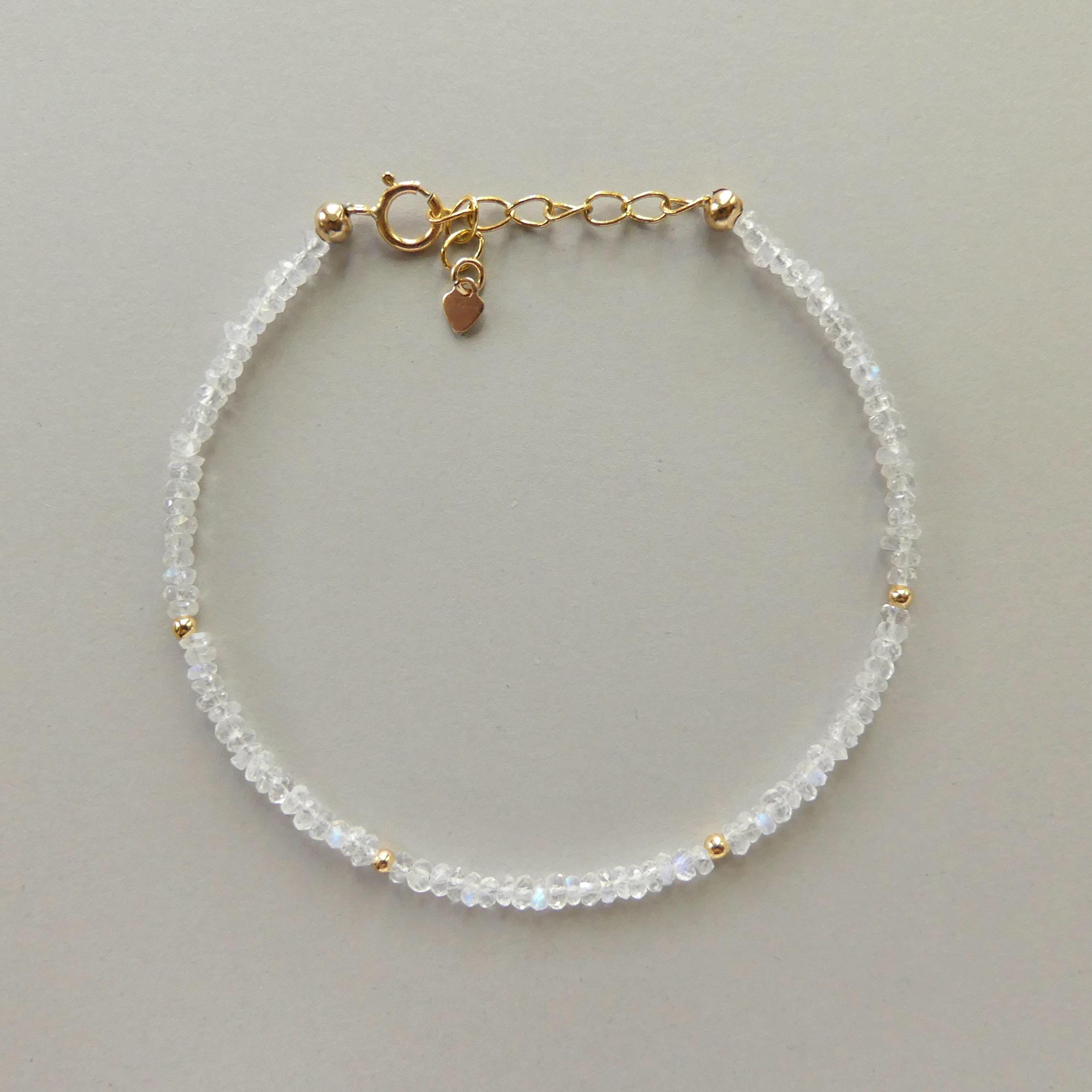 Tiny Rainbow Moonstone Bracelet Dainty Gemstone Beaded Bracelet Minimalist June Birthstone Sparkly Jewelry Gift for Women Bridesmaid Wife