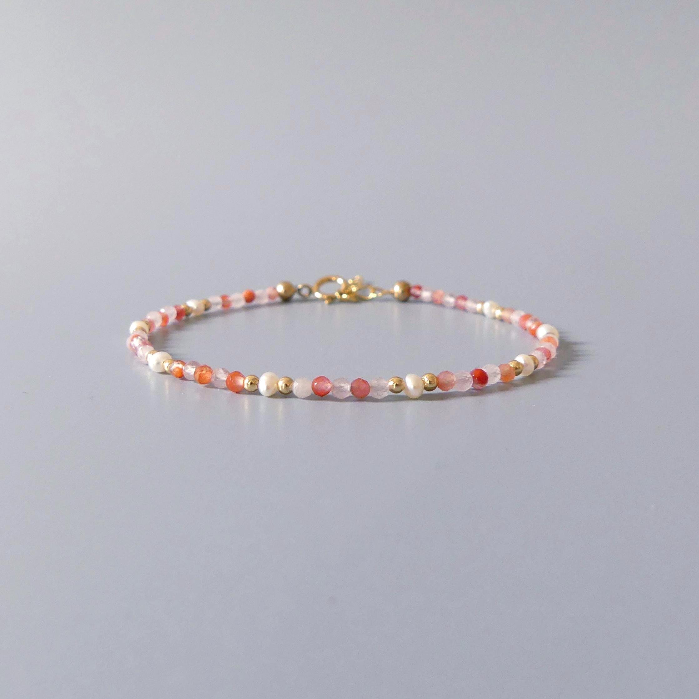 Tiny Carnelian Rose Quartz Pearl Bracelet Dainty Minimalist Jewelry Birthday Abundance Gift Self Love Birthday Gift Christmas Mom Wife Gift
