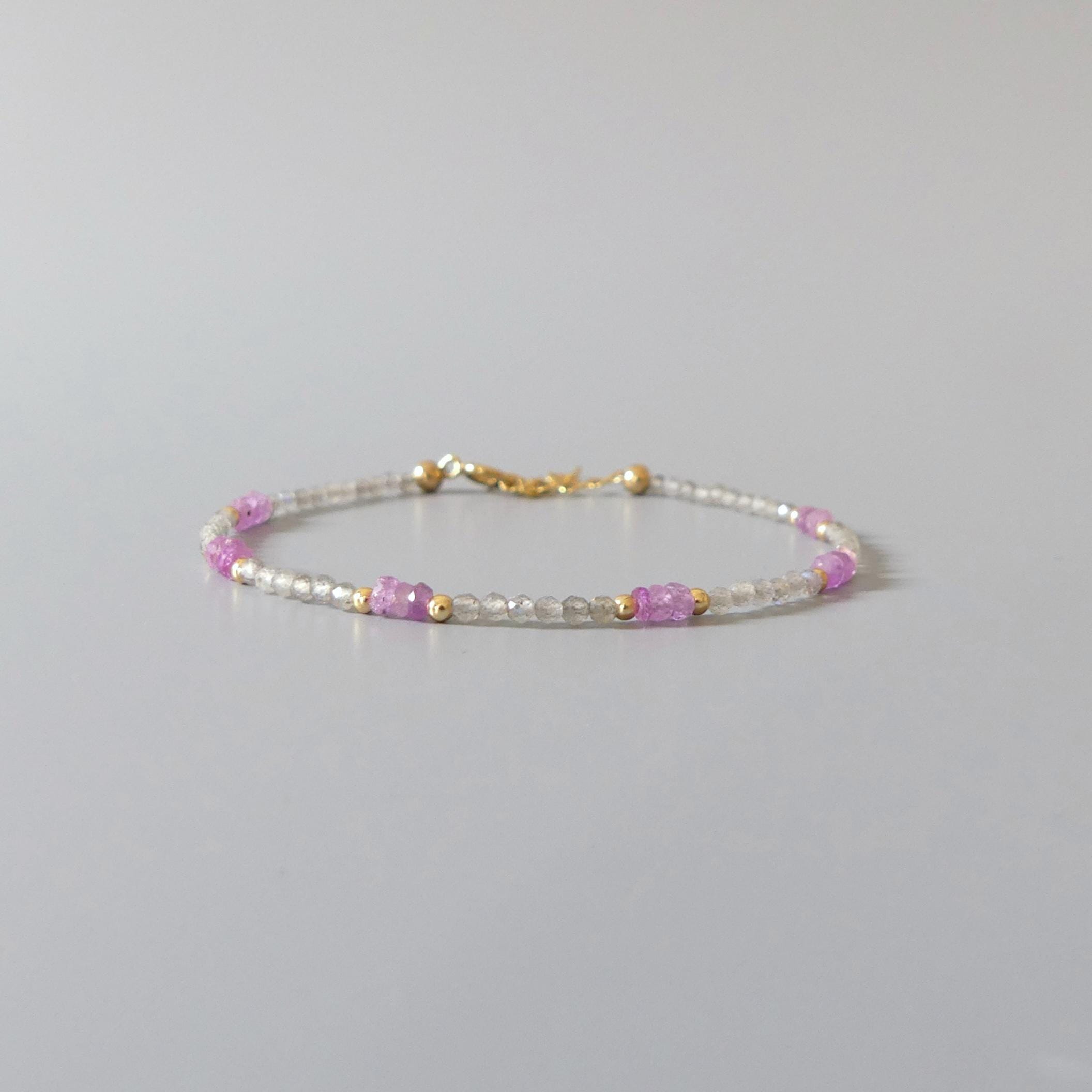 Tiny Pink Sapphire Bracelet Dainty Labradorite Gemstone Beaded Bracelet Pink Crystal Jewelry Minimalist September Birthstone Birthday Gift