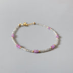 Tiny Pink Sapphire Bracelet Dainty Labradorite Gemstone Beaded Bracelet Pink Crystal Jewelry Minimalist September Birthstone Birthday Gift