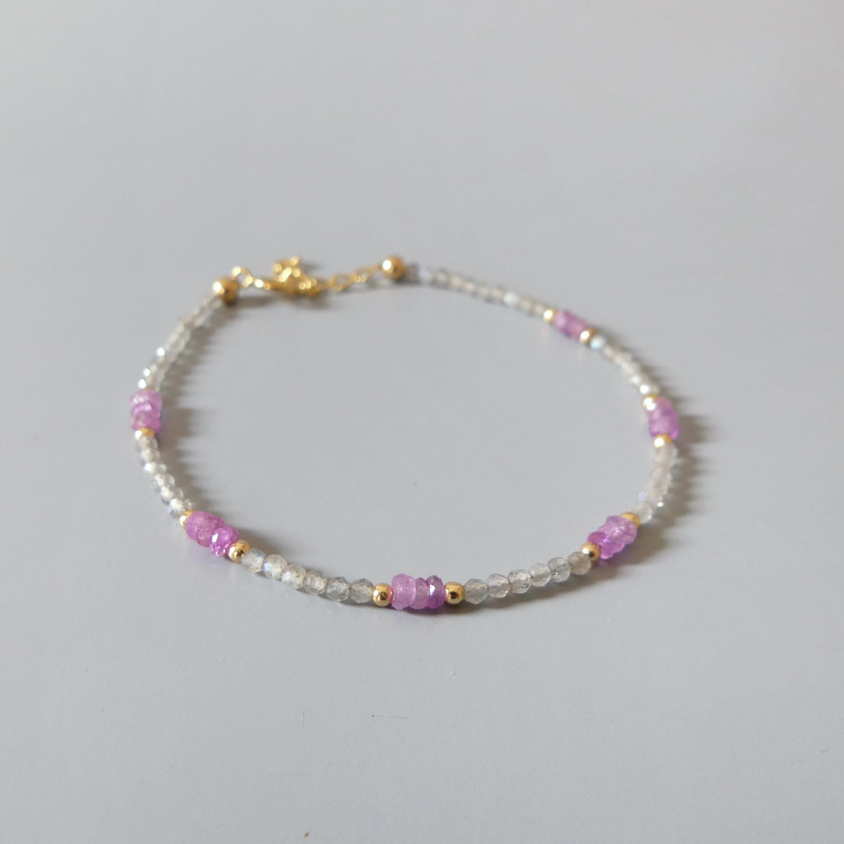 Tiny Pink Sapphire Bracelet Dainty Labradorite Gemstone Beaded Bracelet Pink Crystal Jewelry Minimalist September Birthstone Birthday Gift