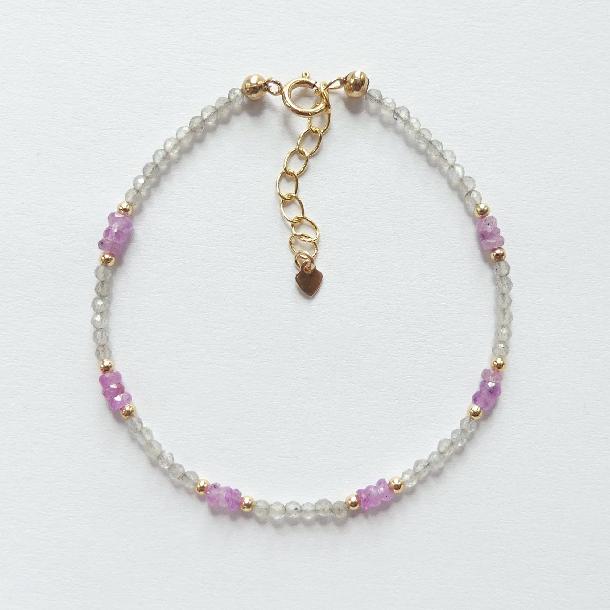 Tiny Pink Sapphire Bracelet Dainty Labradorite Gemstone Beaded Bracelet Pink Crystal Jewelry Minimalist September Birthstone Birthday Gift