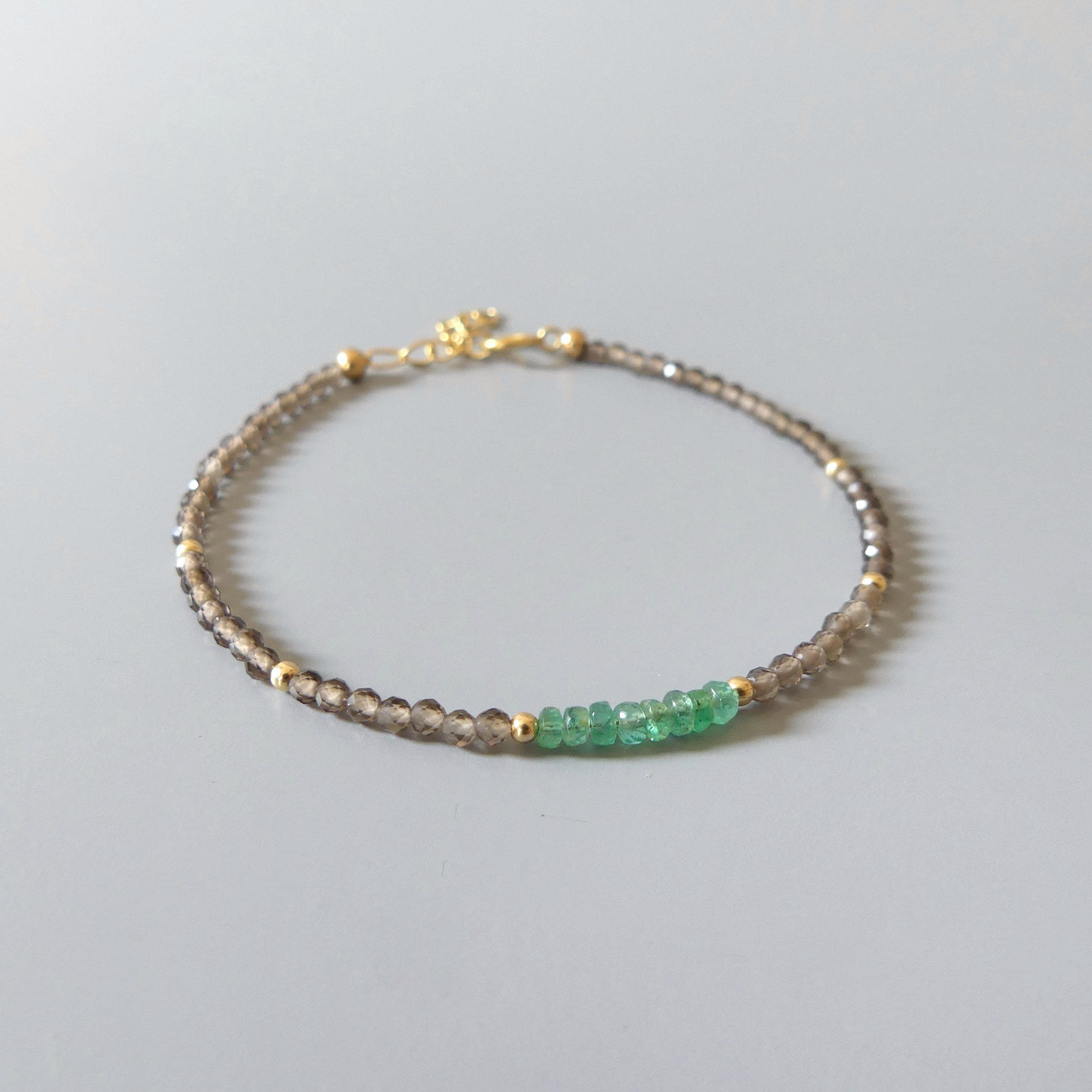 Tiny Emerald Bracelet Dainty Smoky Quartz Gemstone Beaded Jewelry Green Crystal Bracelet Minimalist May Birthstone Birthday Gift for Women