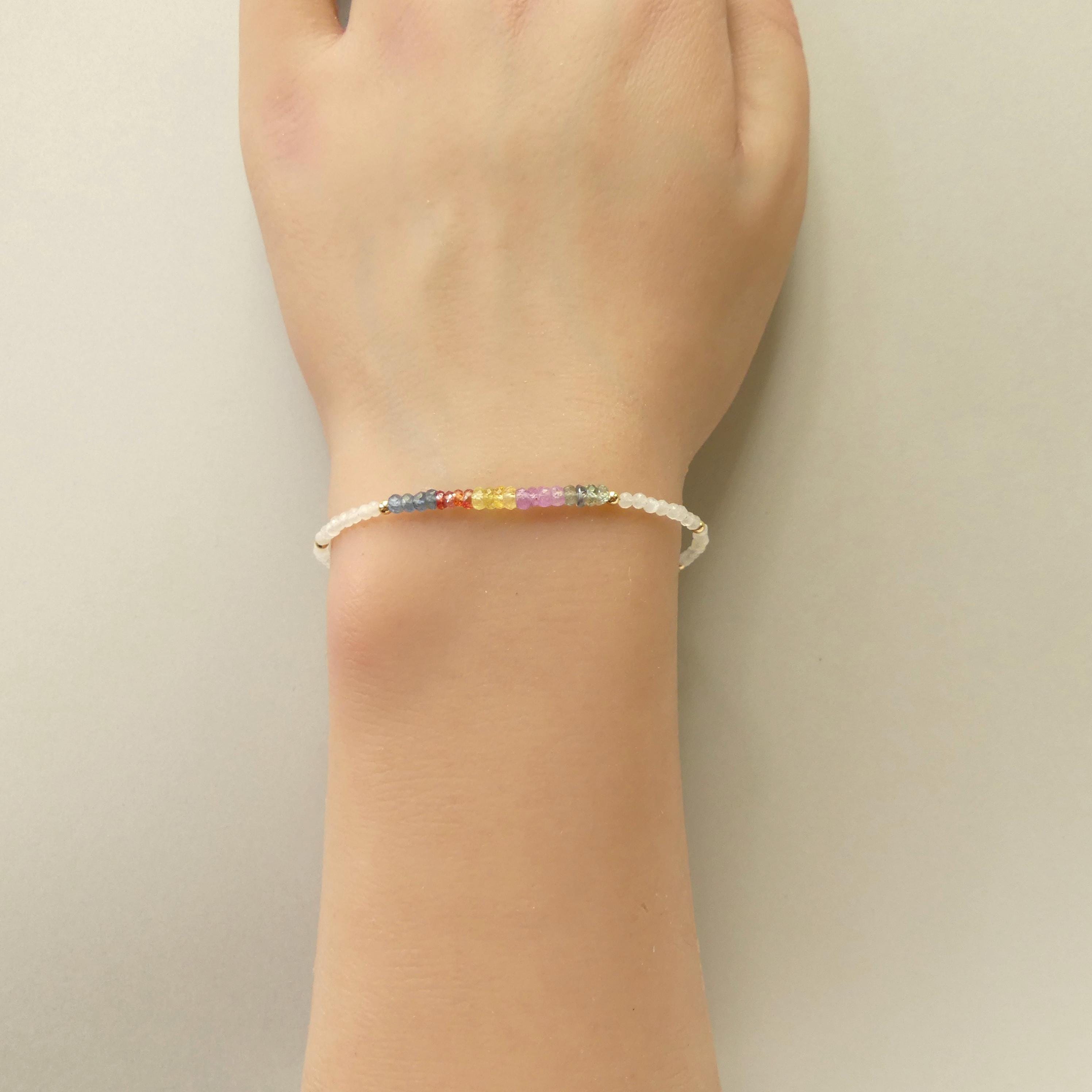 Tiny Multi Sapphire Bracelet Dainty White Moonstone Gemstone Beaded Bracelet Rainbow Jewelry Minimalist September Birthstone Birthday Gift