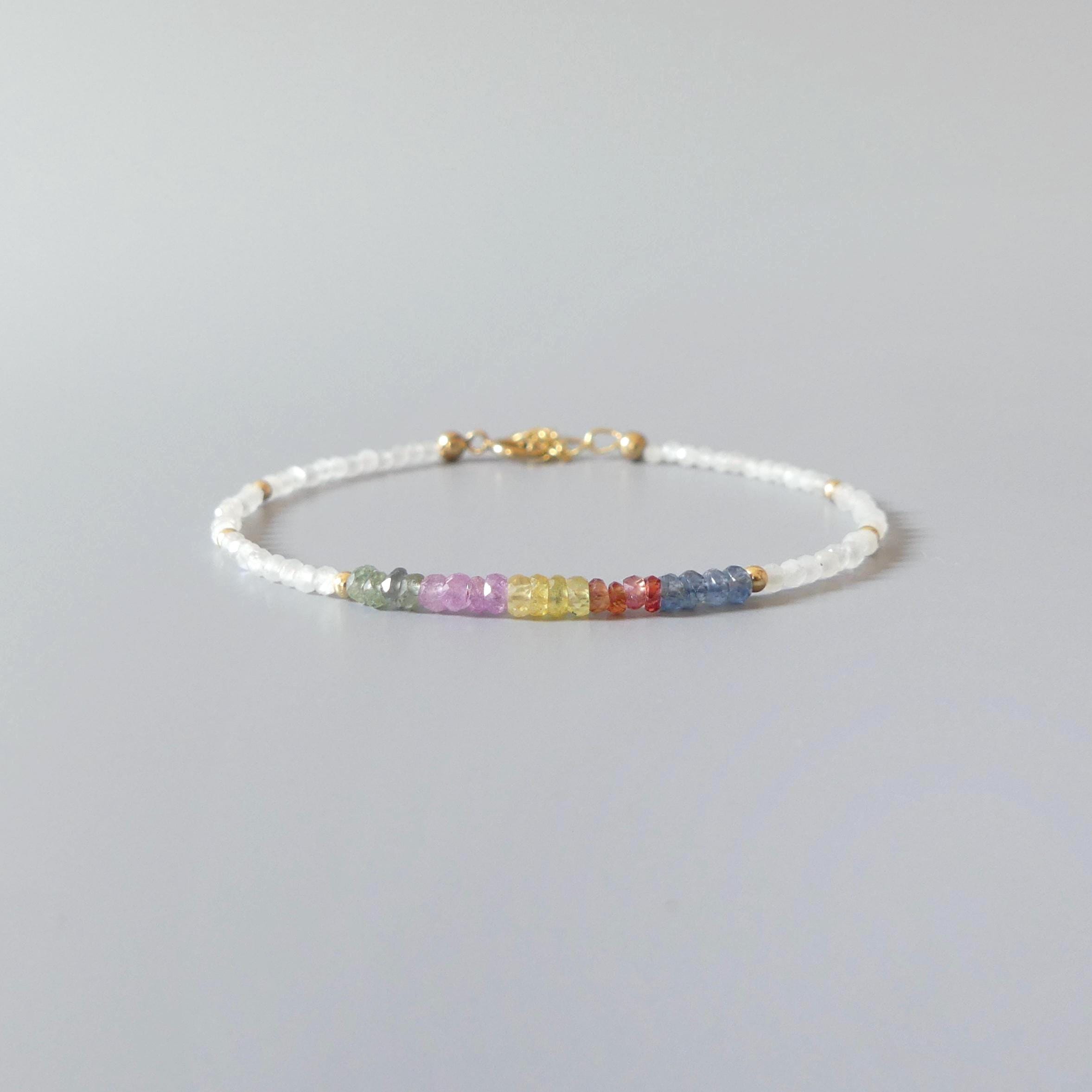 Tiny Multi Sapphire Bracelet Dainty White Moonstone Gemstone Beaded Bracelet Rainbow Jewelry Minimalist September Birthstone Birthday Gift