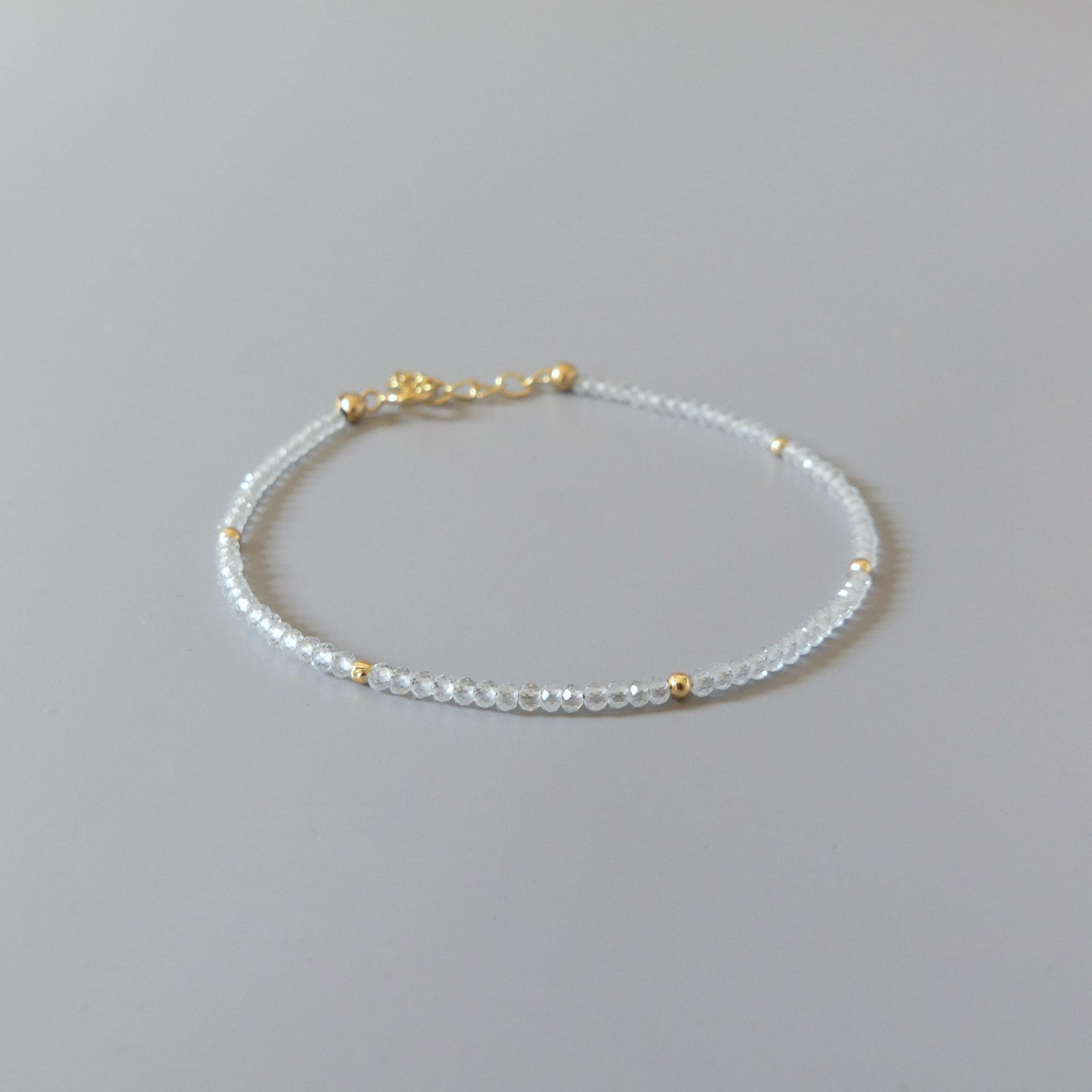 Tiny Sky Blue Topaz Bracelet Dainty Gemstone Beaded Jewelry Minimalist Blue Crystal December Birthstone Birthday Gift Christmas Mom Wife