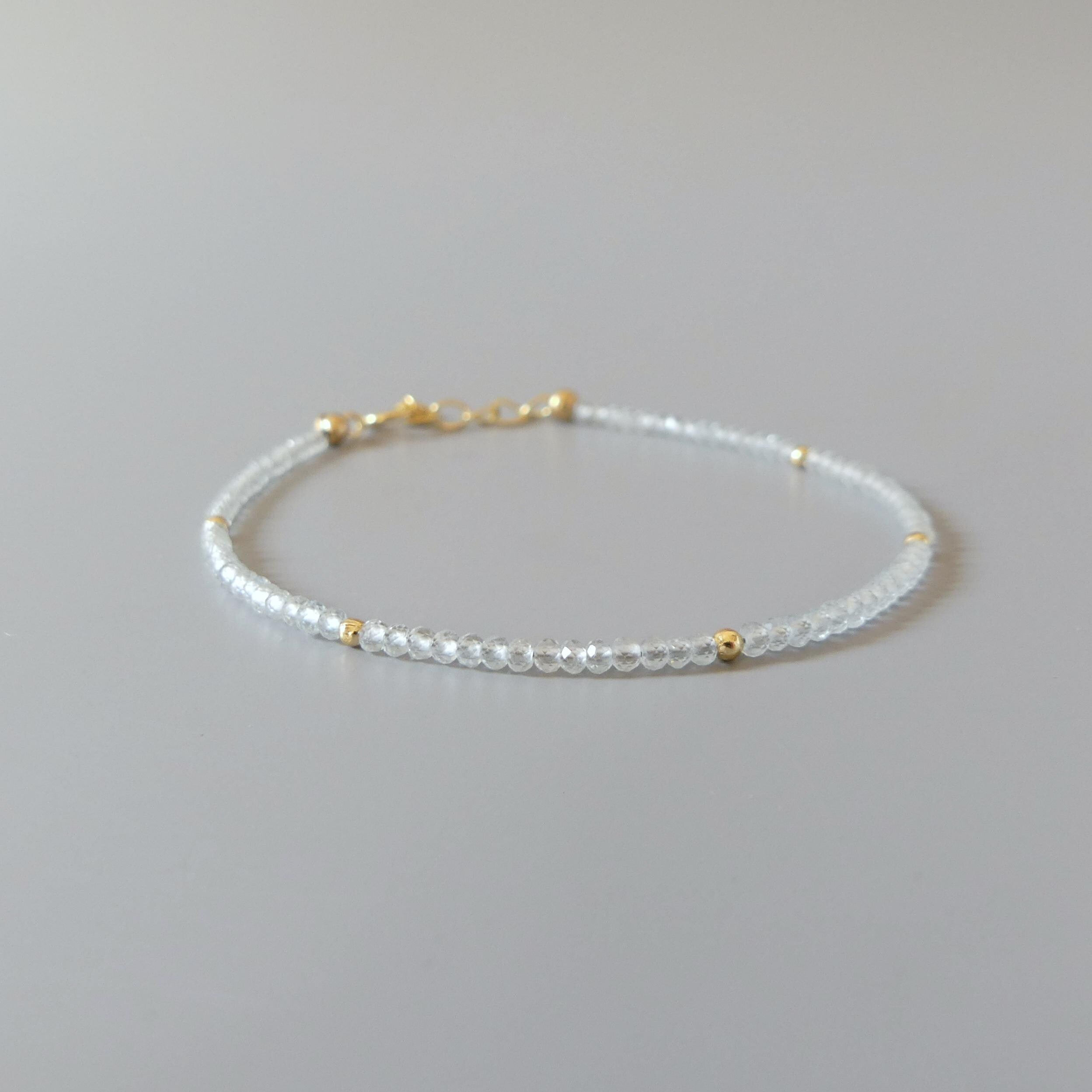 Tiny Sky Blue Topaz Bracelet Dainty Gemstone Beaded Jewelry Minimalist Blue Crystal December Birthstone Birthday Gift Christmas Mom Wife