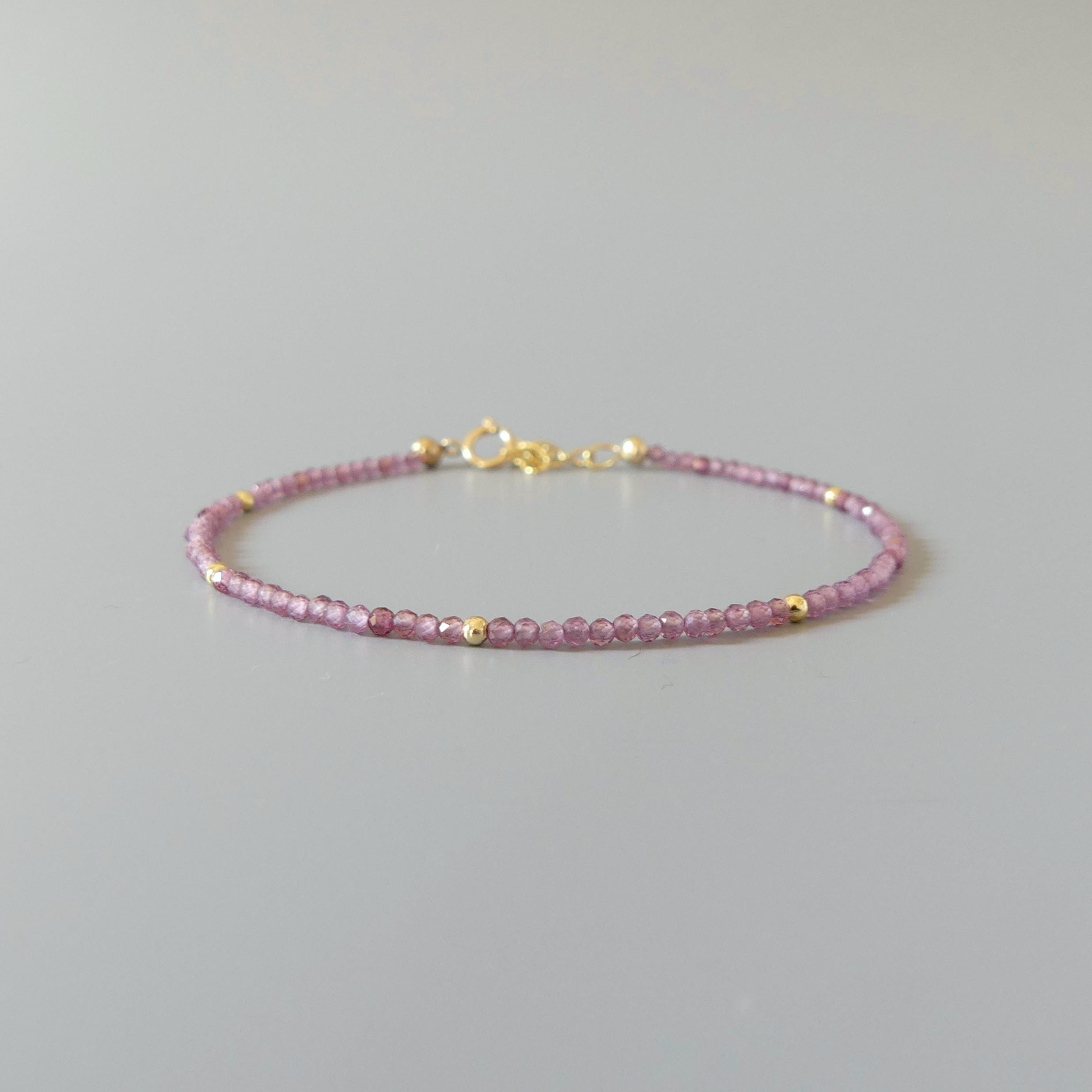 Tiny Pink Garnet Bracelet Dainty Rhodolite Bracelet Stacking Gemstone Beaded Crystal Jewelry Minimalist January Birthstone Gift Birthday