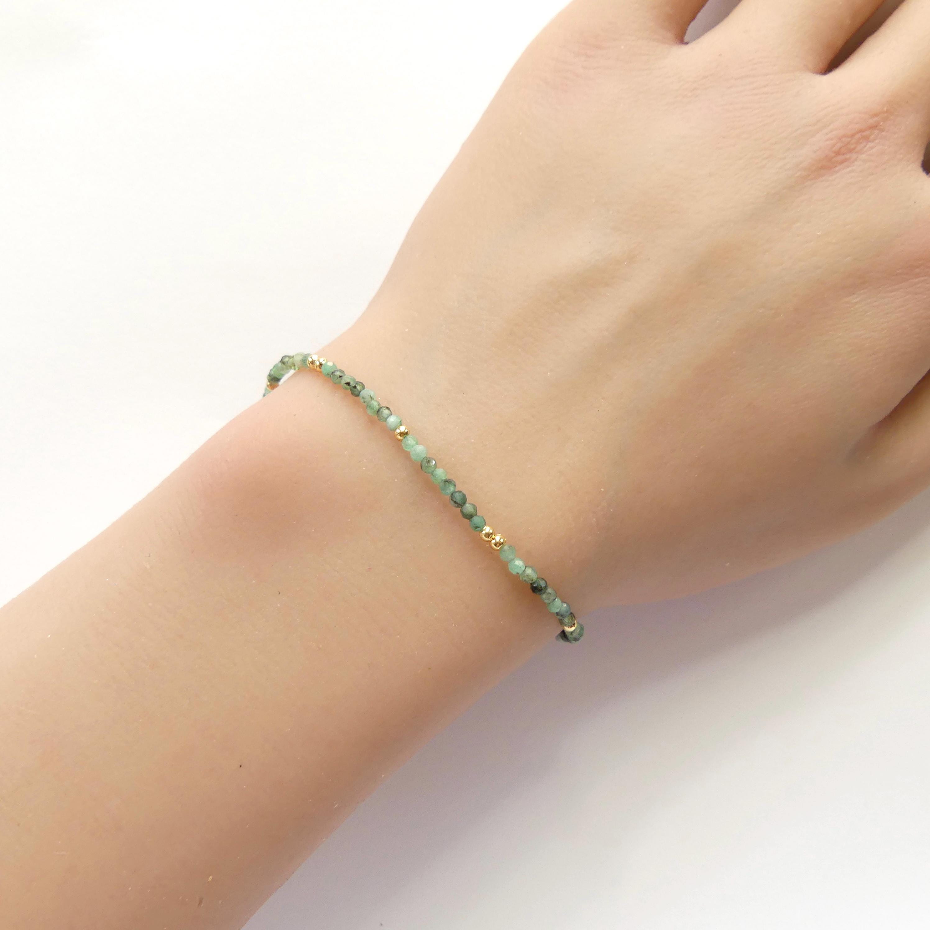 Tiny Emerald Bracelet Dainty Gemstone Beaded Jewelry Green Crystal Bracelet Minimalist May Birthstone Birthday Gift 20th Anniversary Wife