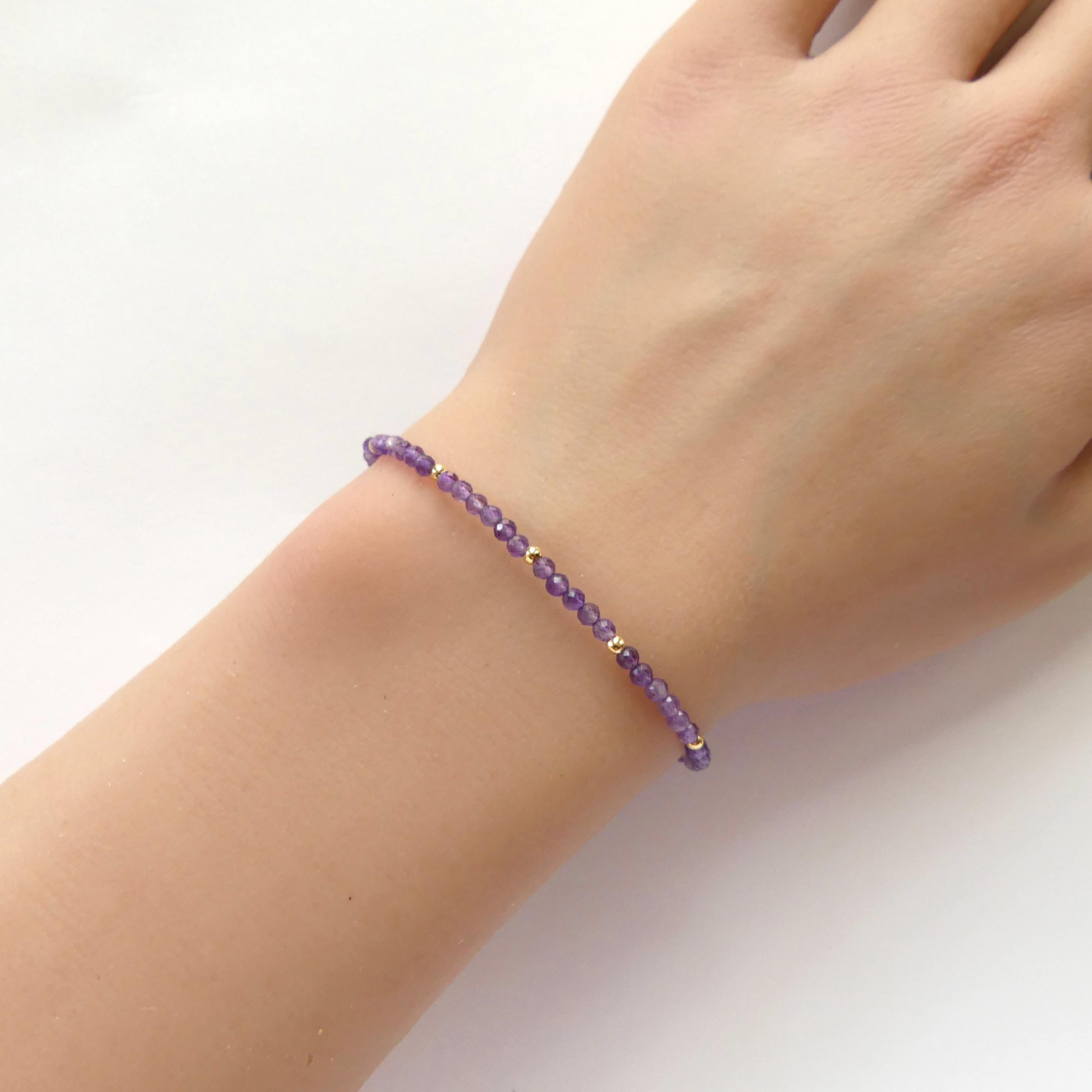 Tiny Amethyst Bracelet Dainty Gold Filled Gemstone Beaded Bracelet Purple Crystal Jewelry Boho February Birthstone Birthday Gift Mom Wife