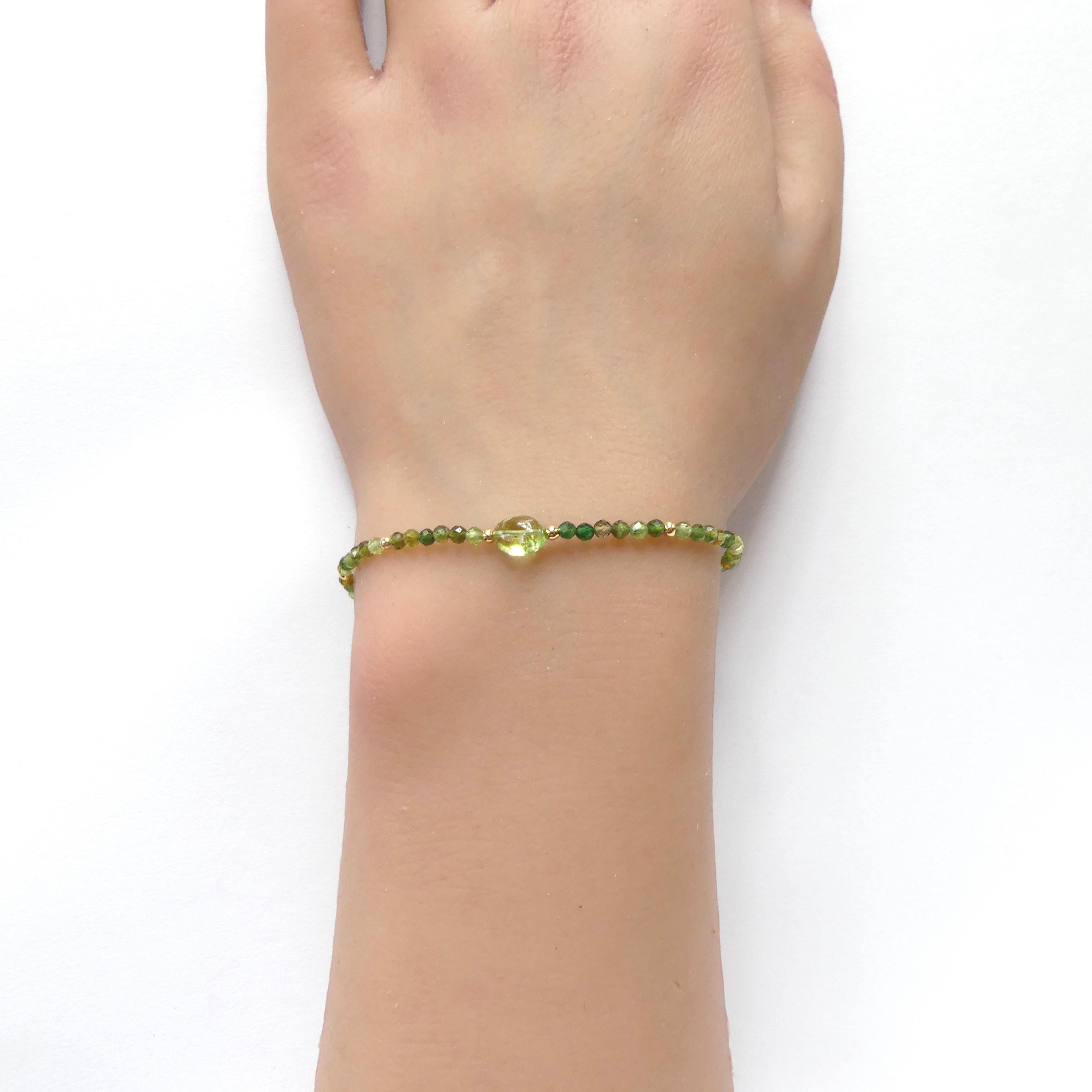 Tiny Green Tourmaline Bracelet Dainty Gemstone Beaded Bracelet Green Crystal Jewelry Minimalist Stacking October Birthstone Gift for Women