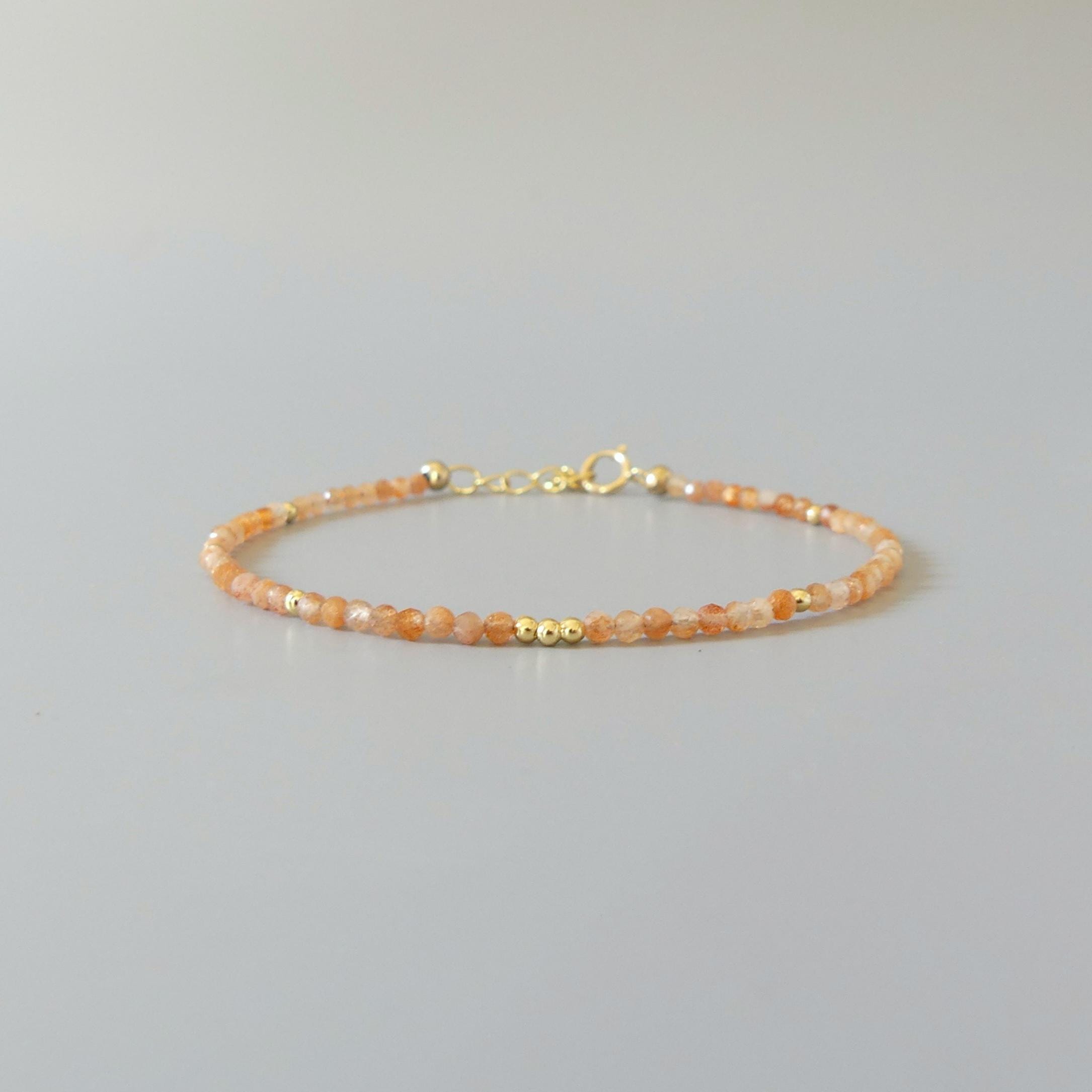 Tiny Sunstone Bracelet Dainty Gemstone Beaded Bracelet Minimalist Jewelry Sparkly Crystal Birthday Gift for Women Abundance Joy Mom Gift