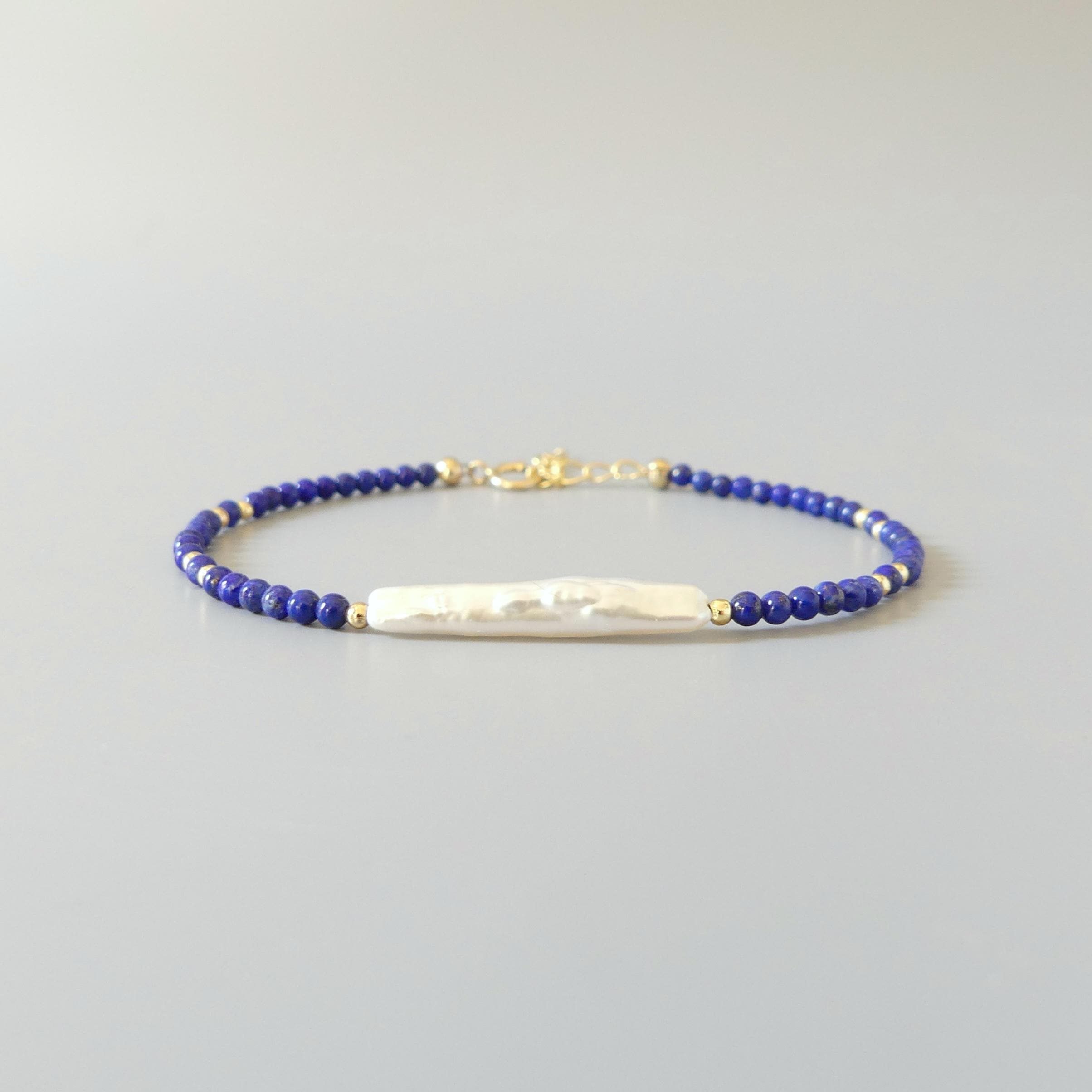 Tiny Lapis Bracelet Dainty Pearl Gemstone Beaded Bracelet Stacking Minimalist Crystal September Birthstone Jewelry Birthday Gift for Her