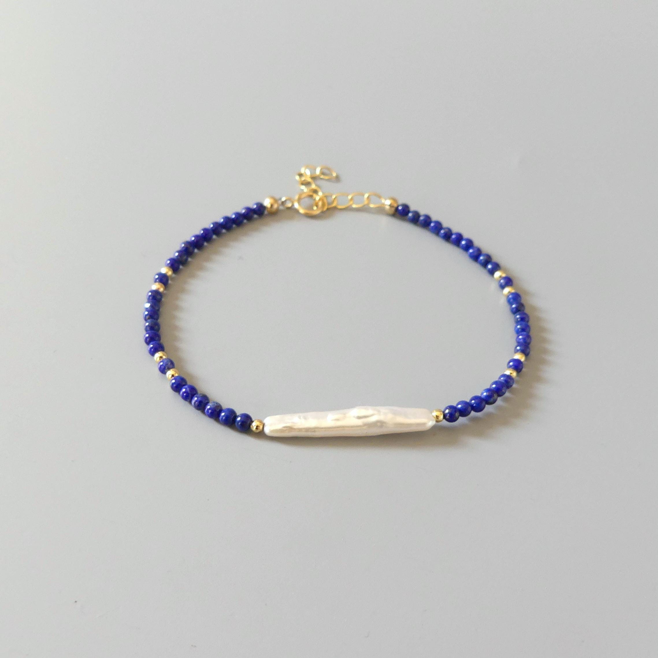 Tiny Lapis Bracelet Dainty Pearl Gemstone Beaded Bracelet Stacking Minimalist Crystal September Birthstone Jewelry Birthday Gift for Her