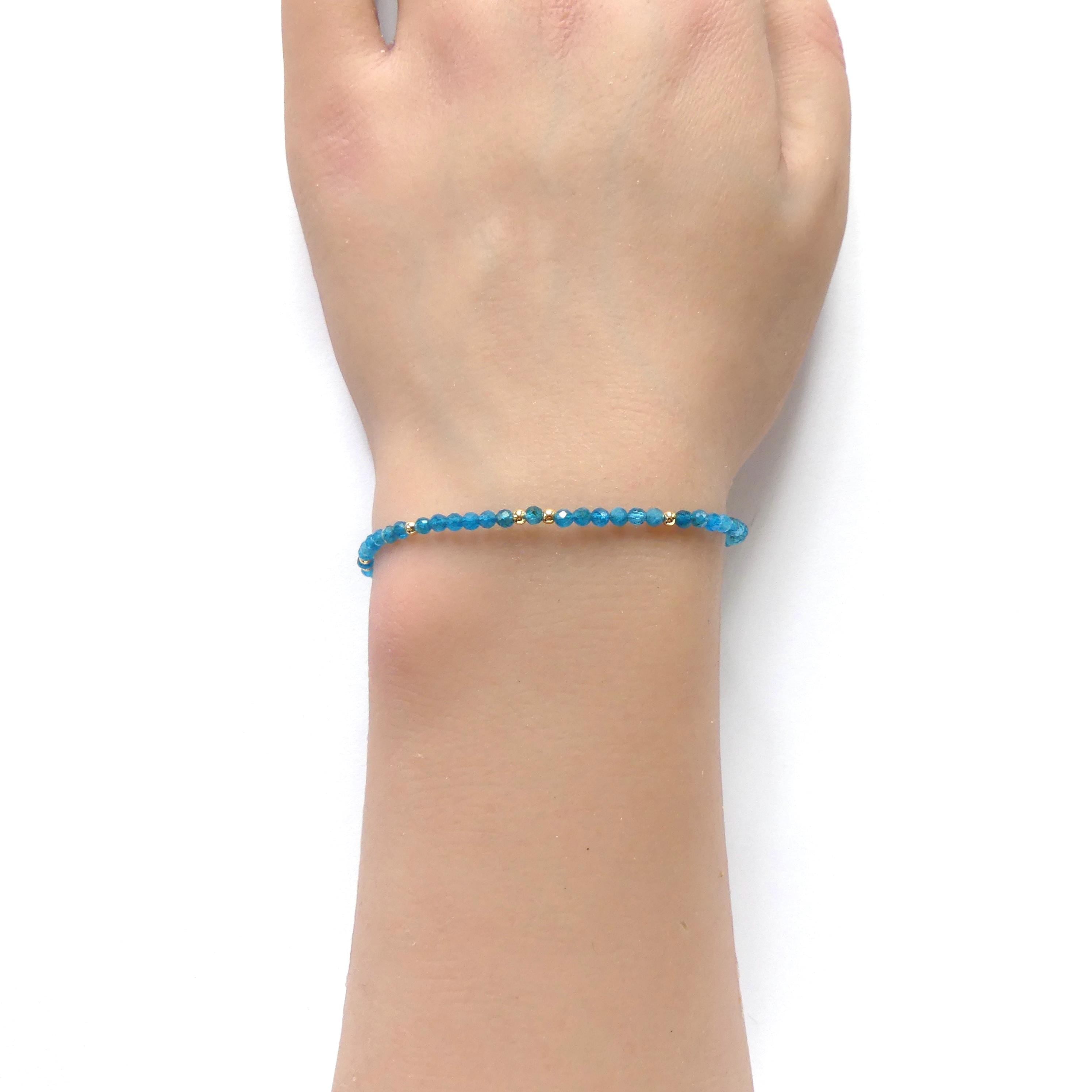 Tiny Neon Apatite Bracelet Dainty Gemstone Beaded Bracelet Blue Crystal Jewelry Minimalist Boho Chic Birthday Gift for Mom Wife Bridesmaids