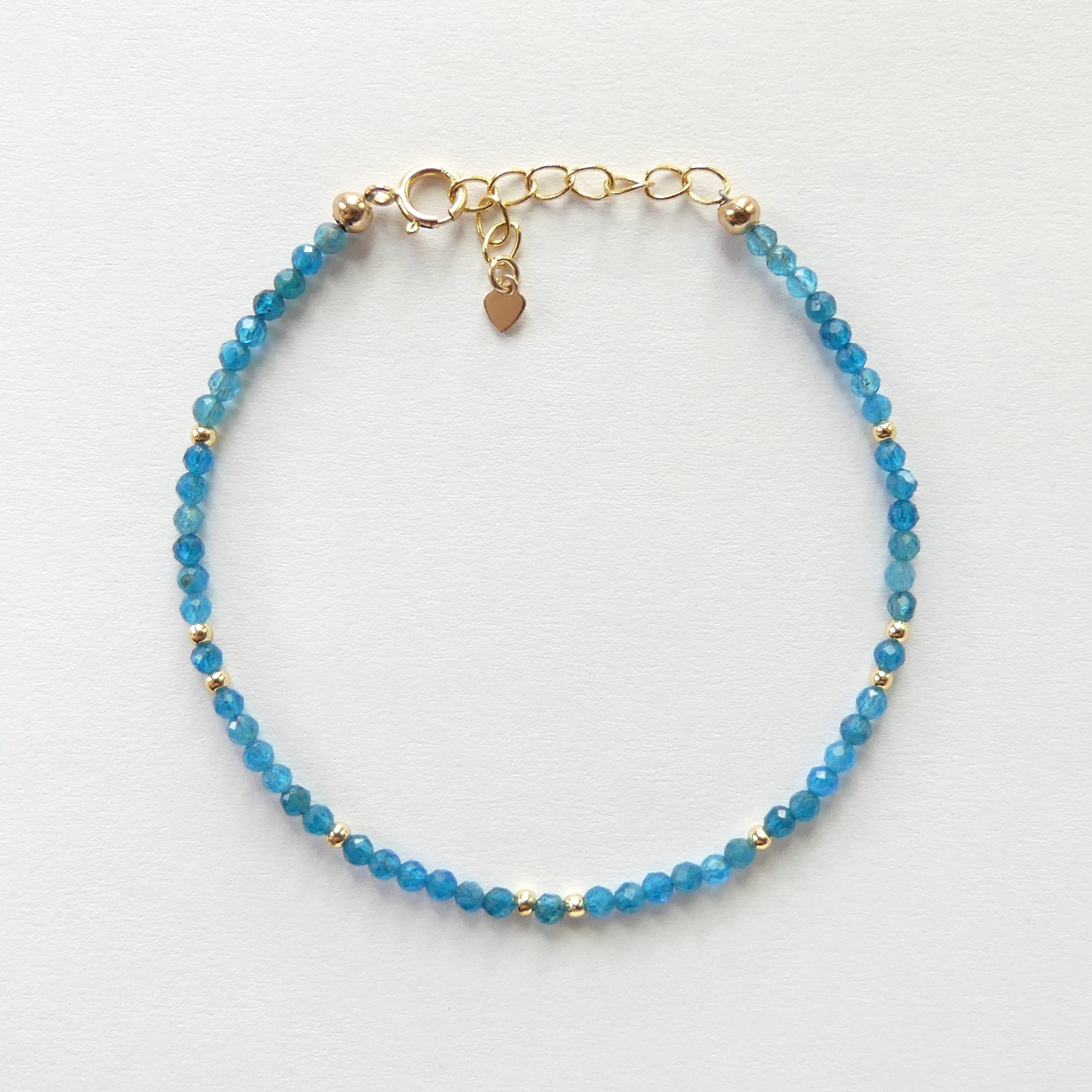Tiny Neon Apatite Bracelet Dainty Gemstone Beaded Bracelet Blue Crystal Jewelry Minimalist Boho Chic Birthday Gift for Mom Wife Bridesmaids