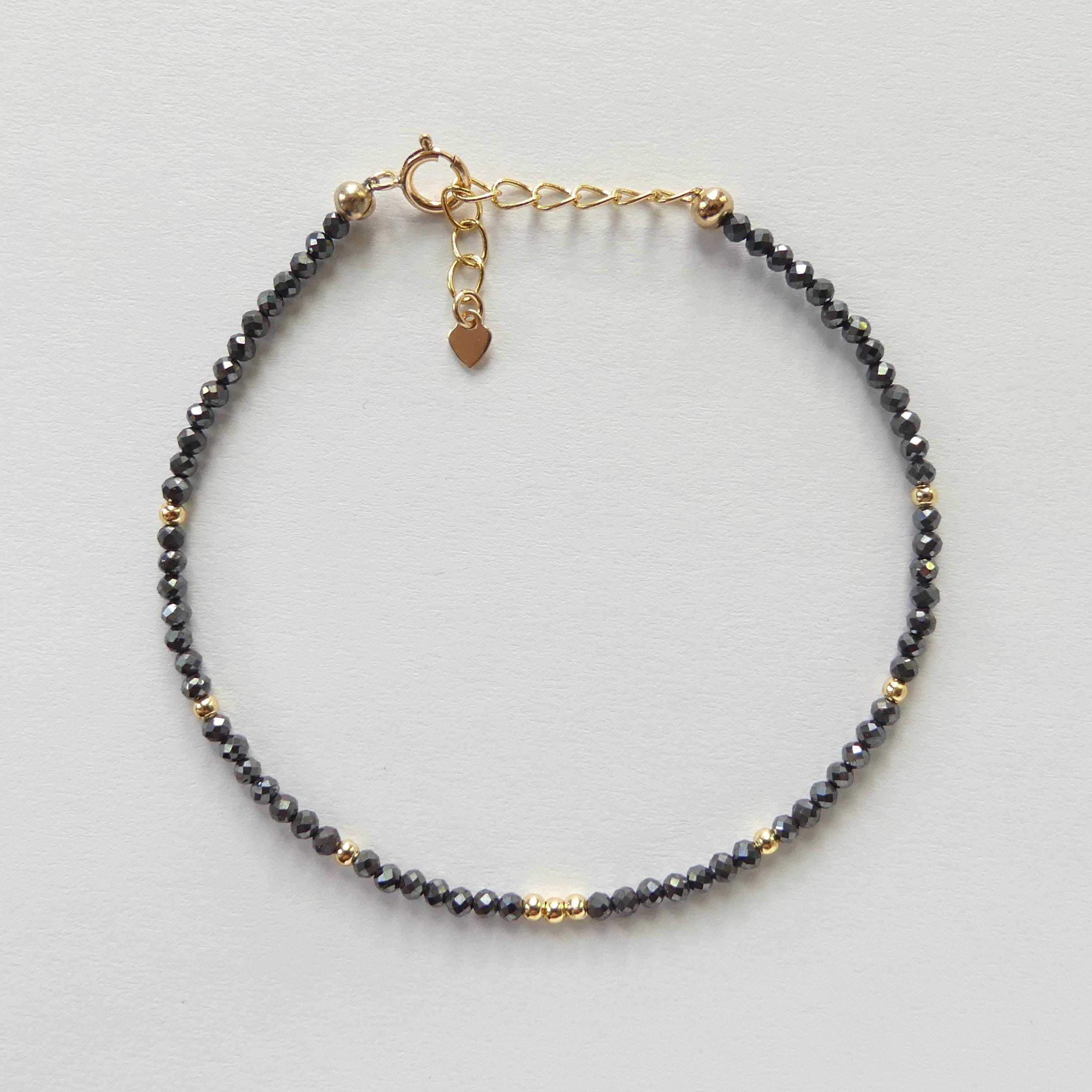 Tiny Hematite Bracelet Dainty Gemstone Beaded Bracelet Sparkly Crystal Jewelry Minimalist Protection Jewelry Stacking Birthday Gift Women
