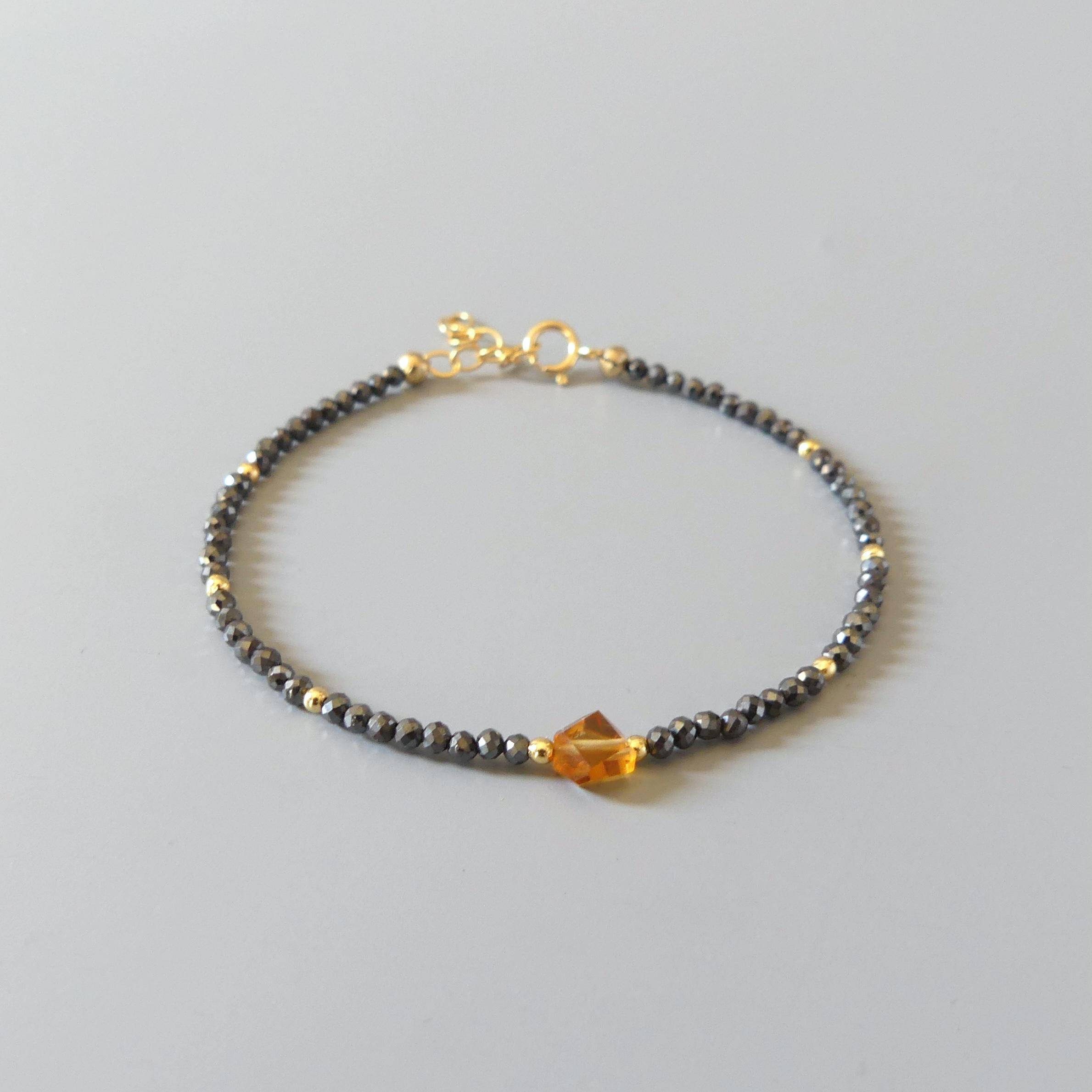 Tiny Hematite Bracelet Dainty Gemstone Beaded Bracelet Madeira Citrine Crystal Jewelry Minimalist Stacking Birthday Gift for Women Daughter