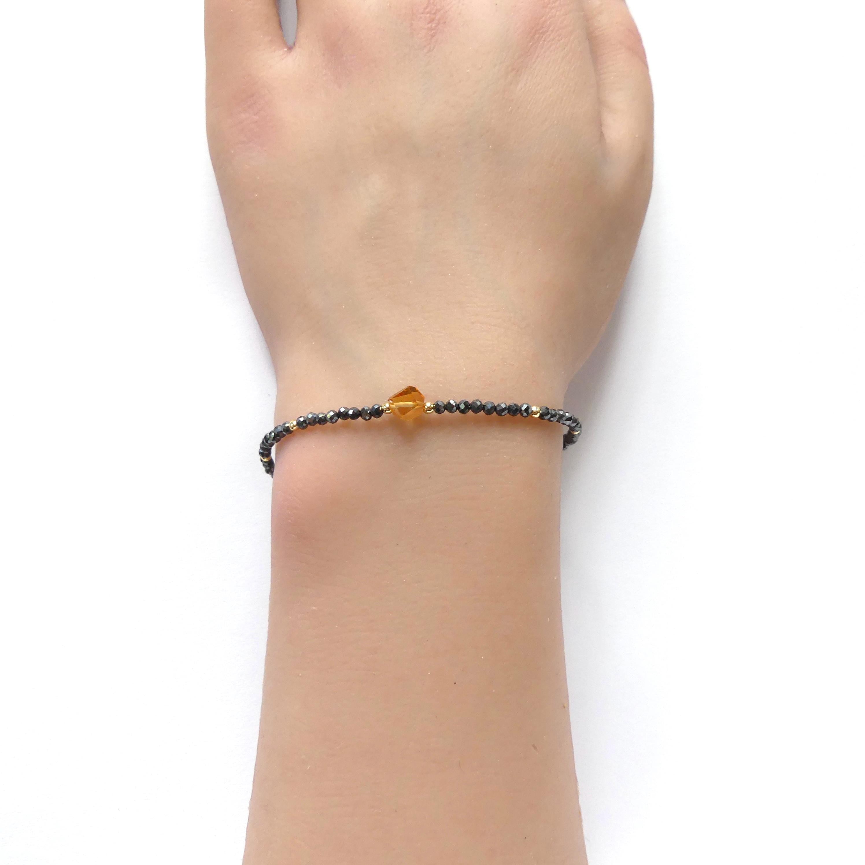 Tiny Hematite Bracelet Dainty Gemstone Beaded Bracelet Madeira Citrine Crystal Jewelry Minimalist Stacking Birthday Gift for Women Daughter
