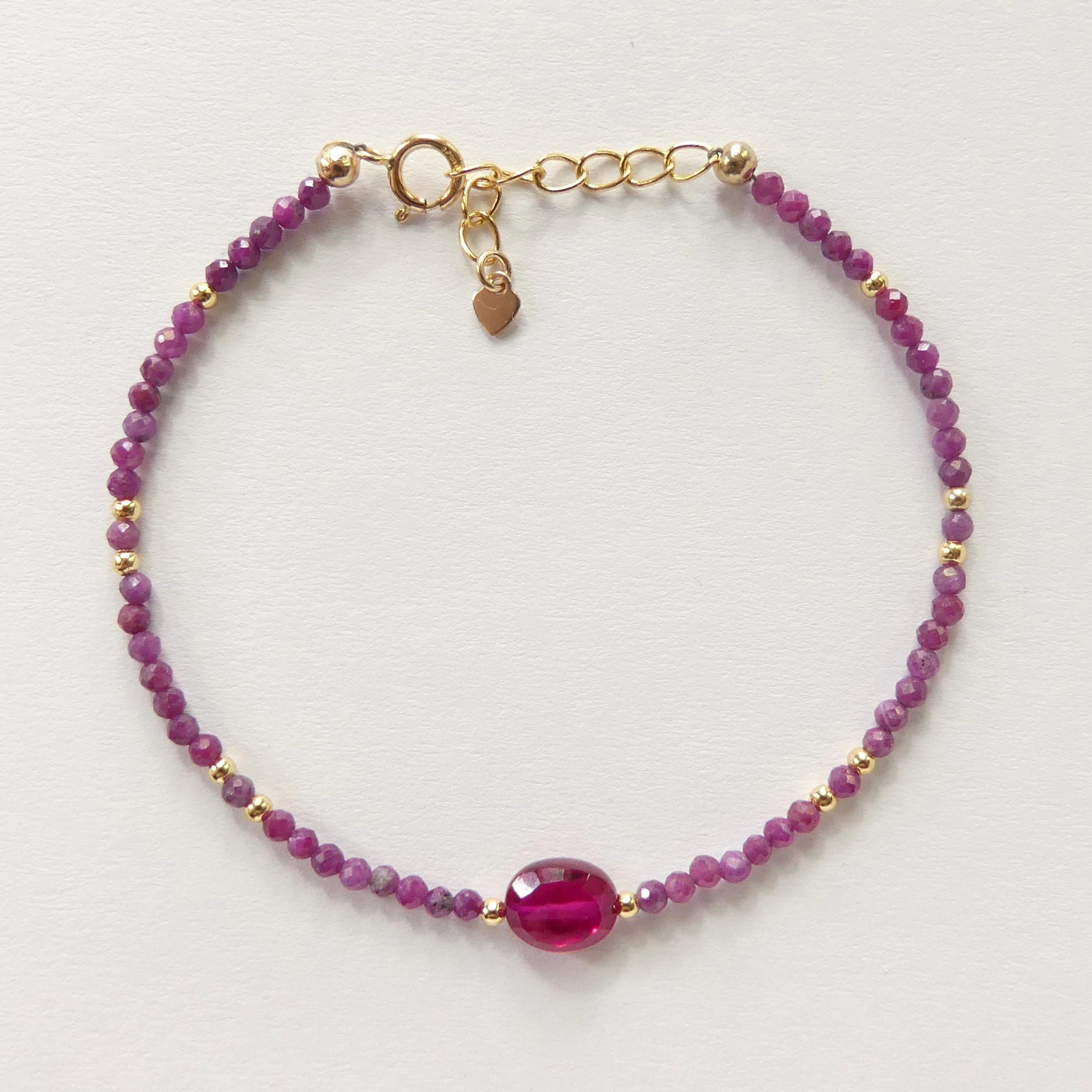 Tiny Ruby Bracelet Dainty Gemstone Beaded Bracelet Pink Crystal Jewelry Minimalist July Birthstone Birthday Gift for Women Mom Wife Daughter