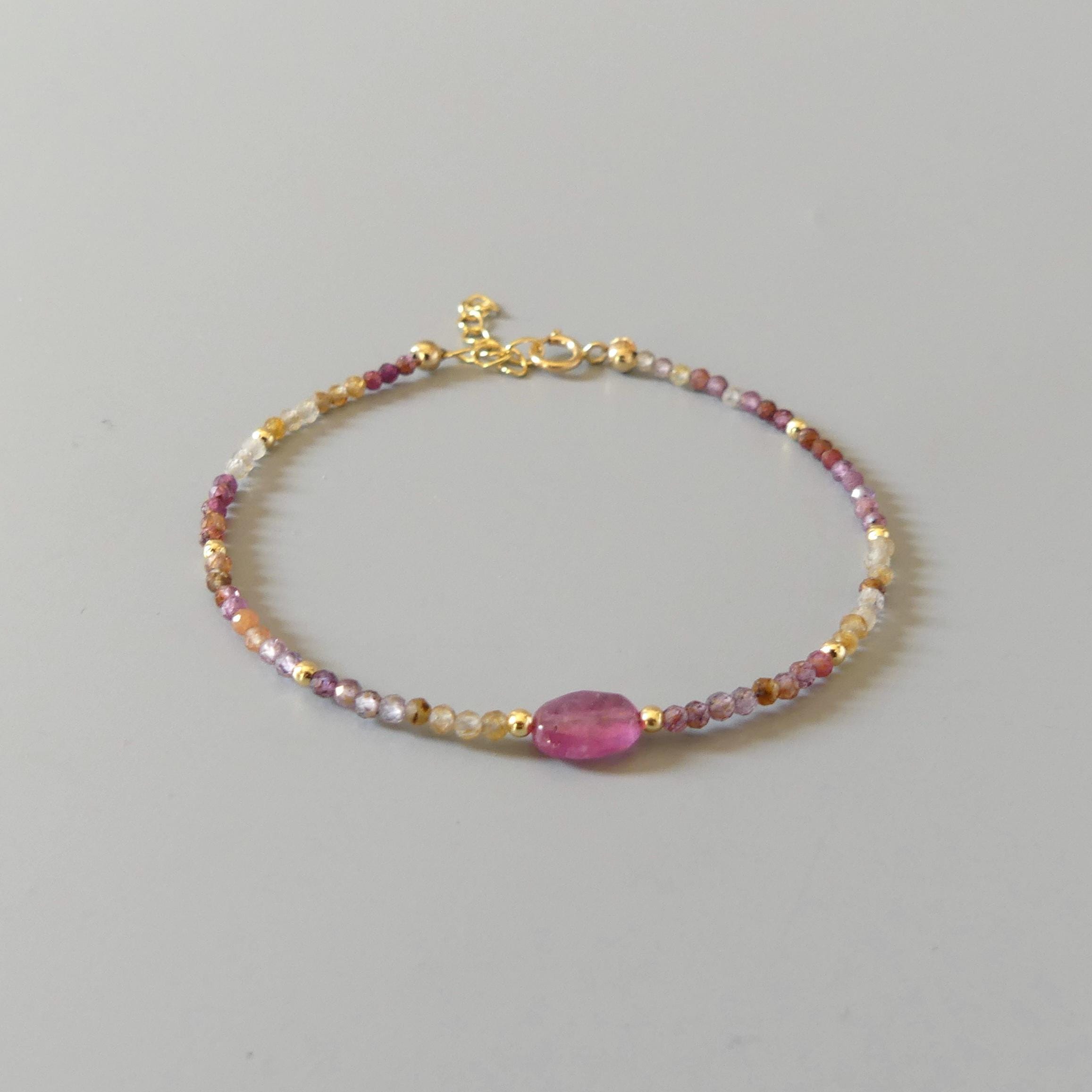 Tiny Pink Sapphire Bracelet Ruby Dainty Gemstone Beaded Bracelet Pink Jewelry Minimalist September Birthstone Birthday Gift Wife Daughter