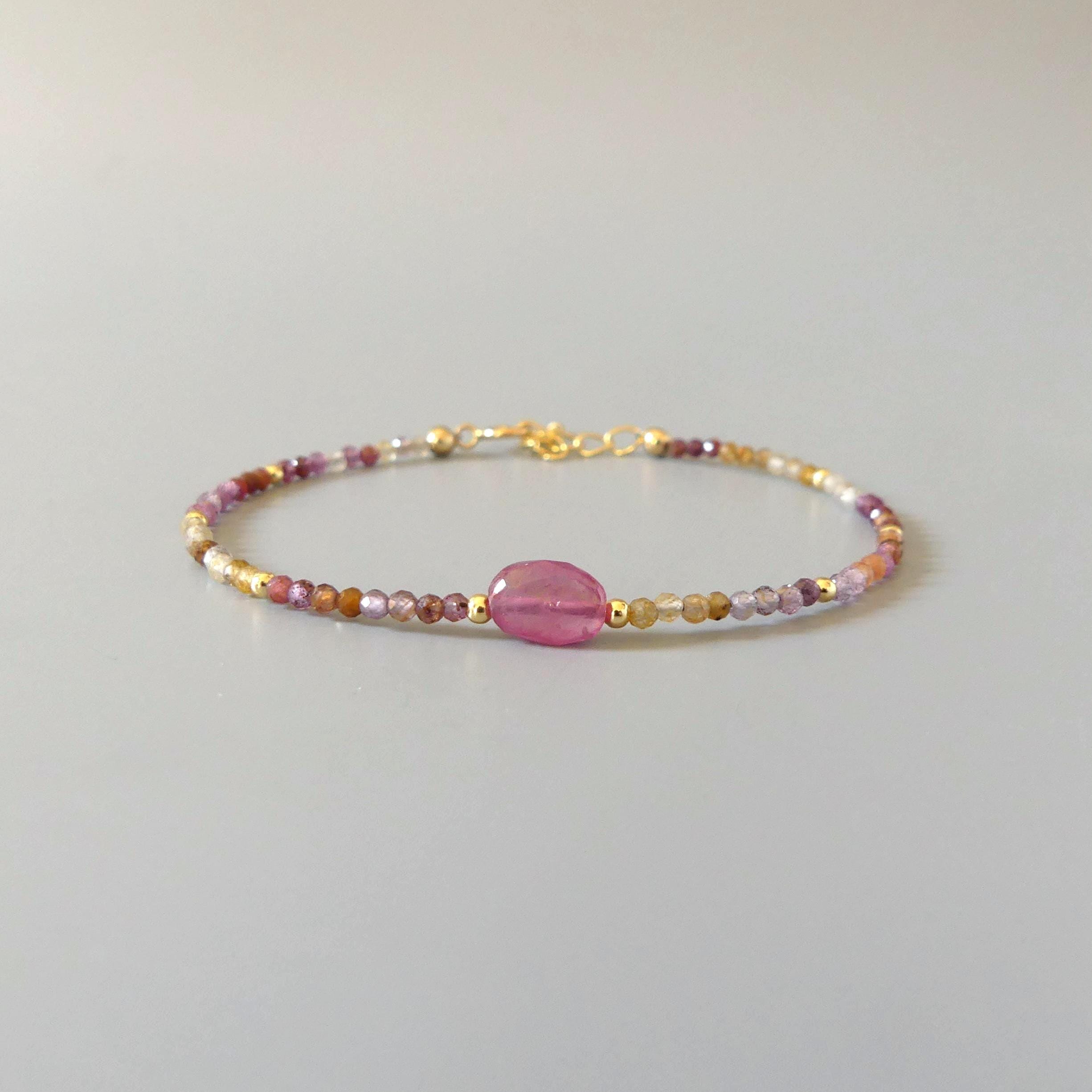 Tiny Pink Sapphire Bracelet Ruby Dainty Gemstone Beaded Bracelet Pink Jewelry Minimalist September Birthstone Birthday Gift Wife Daughter
