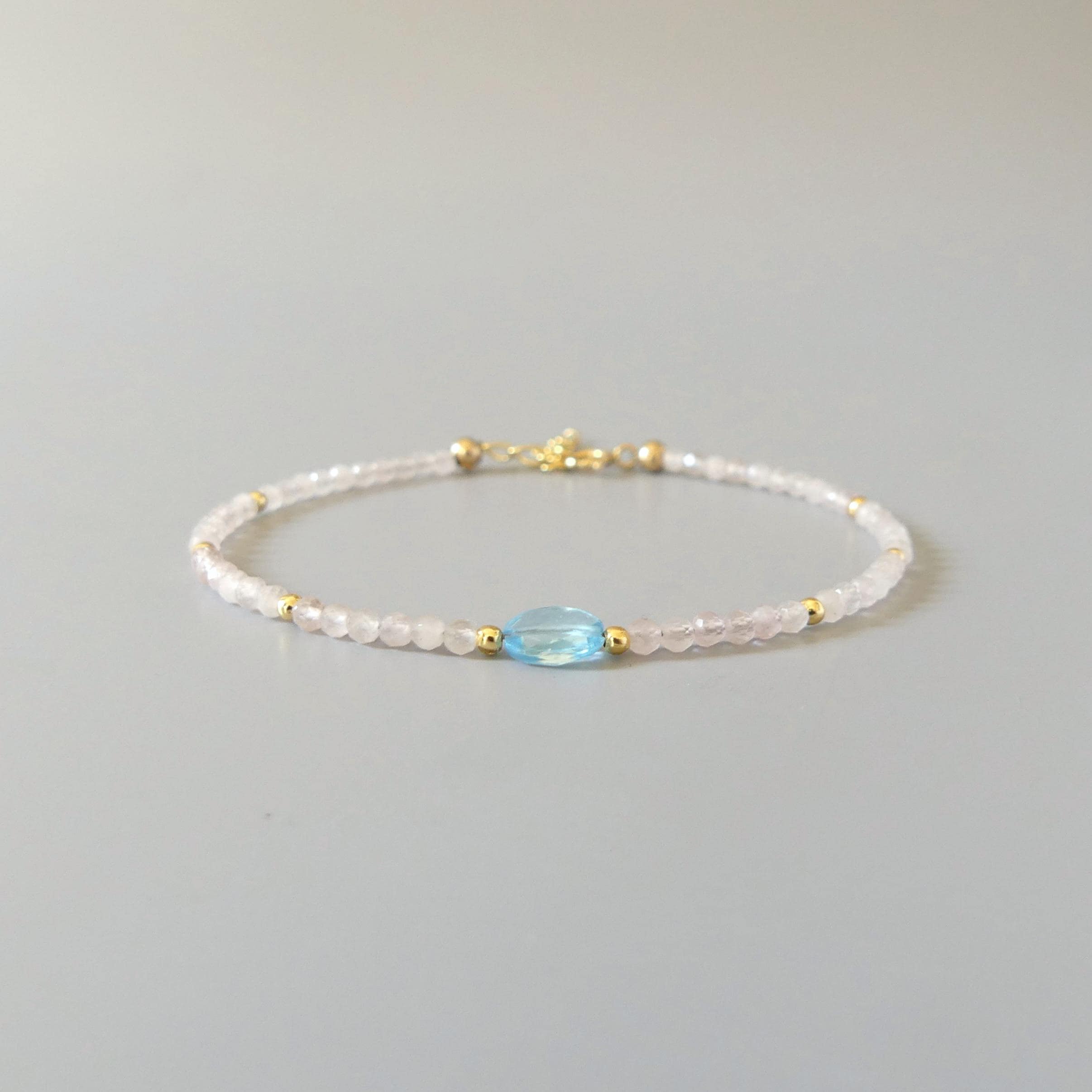Tiny Pink Morganite Bracelet Dainty Swiss Blue Topaz Gemstone Beaded Jewelry Minimalist Crystal Bracelet Birthday Gift For Women Daughter